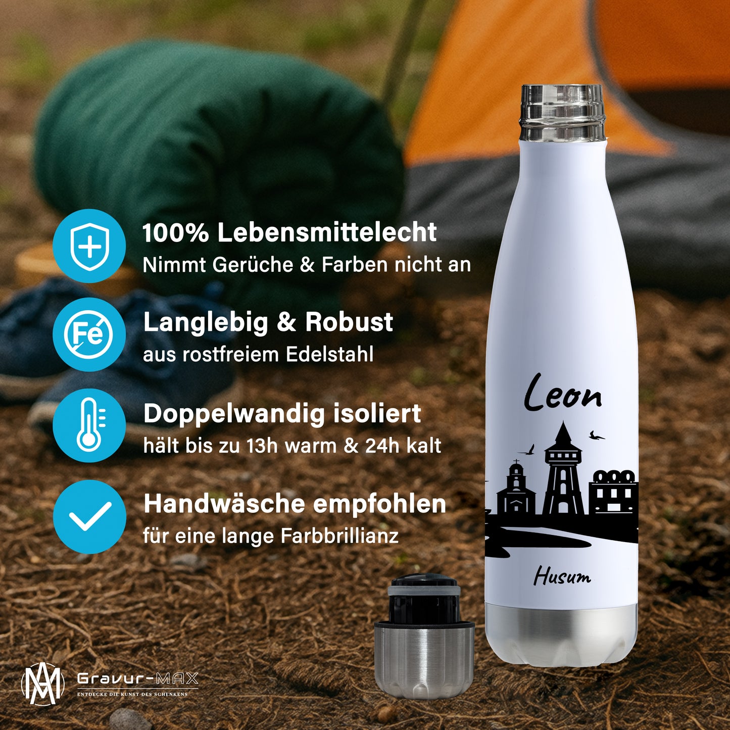 Trinkflasche in Weiß/Silber 500ml aus Edelstahl bedruckt mit der Skyline von Husum personalisierbar mit Wunschname