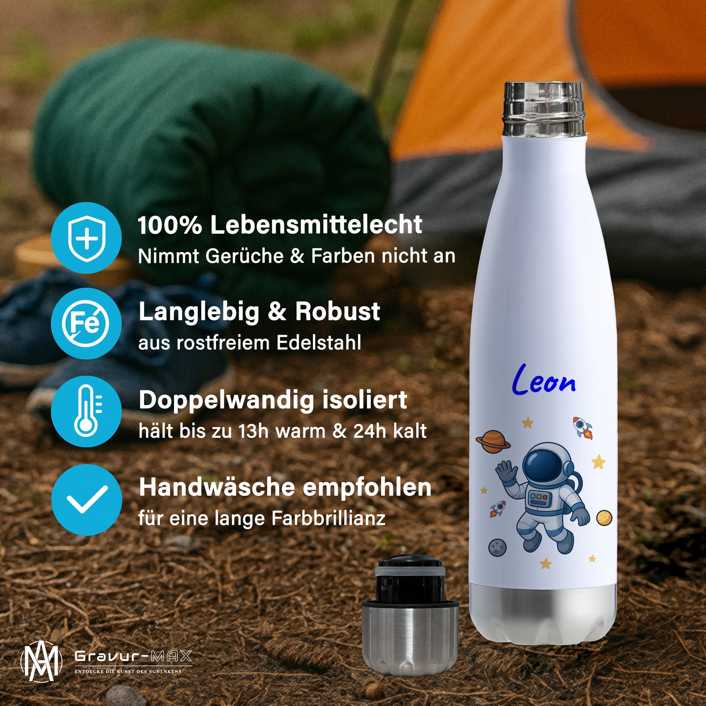 Thermoflasche 500ml in Weiß/Silber bedruckt mit tollen Motiven für Kinder "Astronaut" personalisierbar mit Wunschname