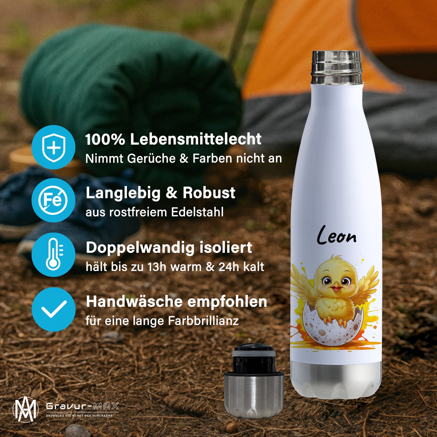 Trinkflasche in Weiß/Silber 500ml aus Edelstahl bedruckt mit niedlichen Tieren "Küken" personalisierbar für Kinder mit Wunschname