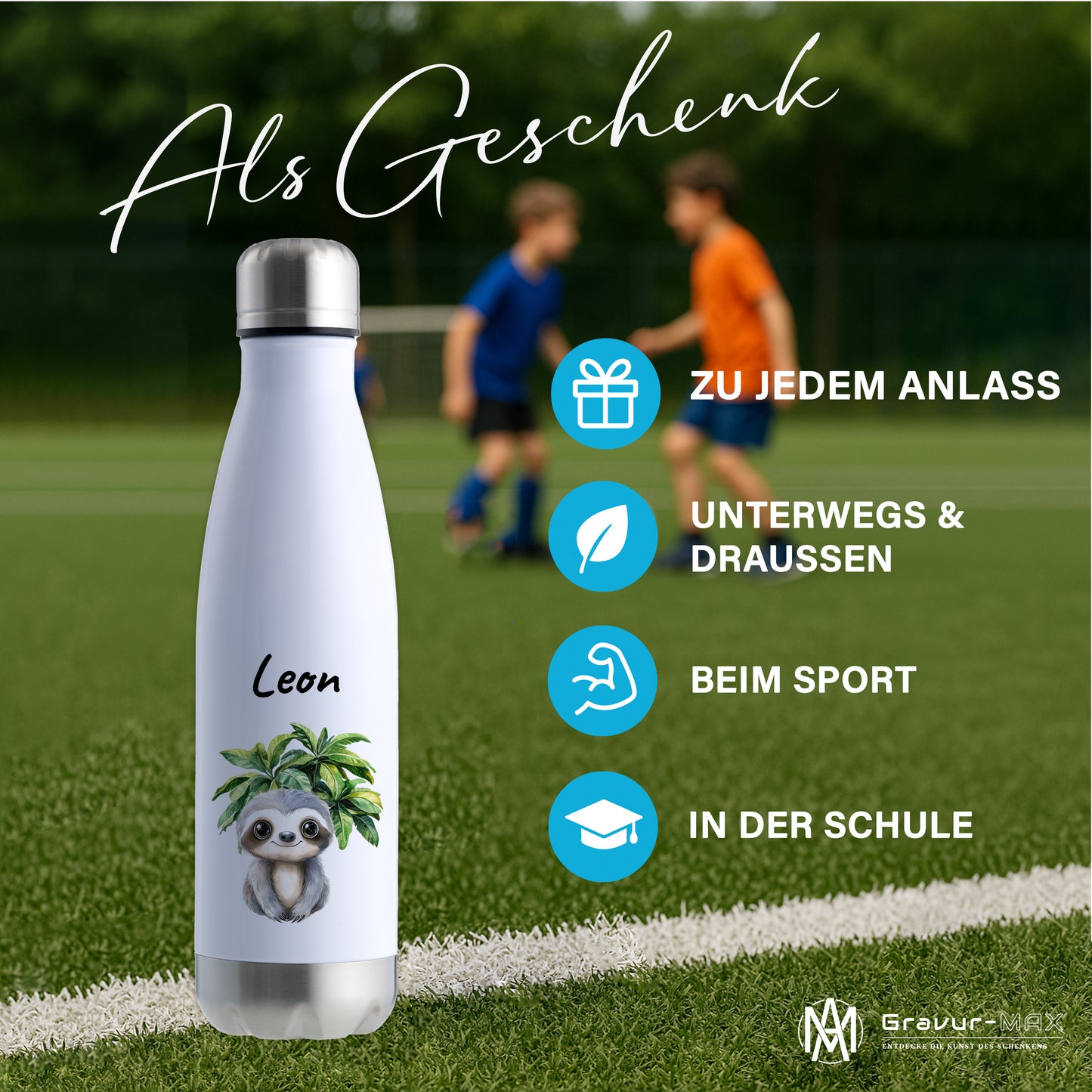 Trinkflasche in Weiß/Silber 500ml aus Edelstahl bedruckt mit Dschungel Tieren"Faultier" personalisierbar für Kinder mit Wunschname