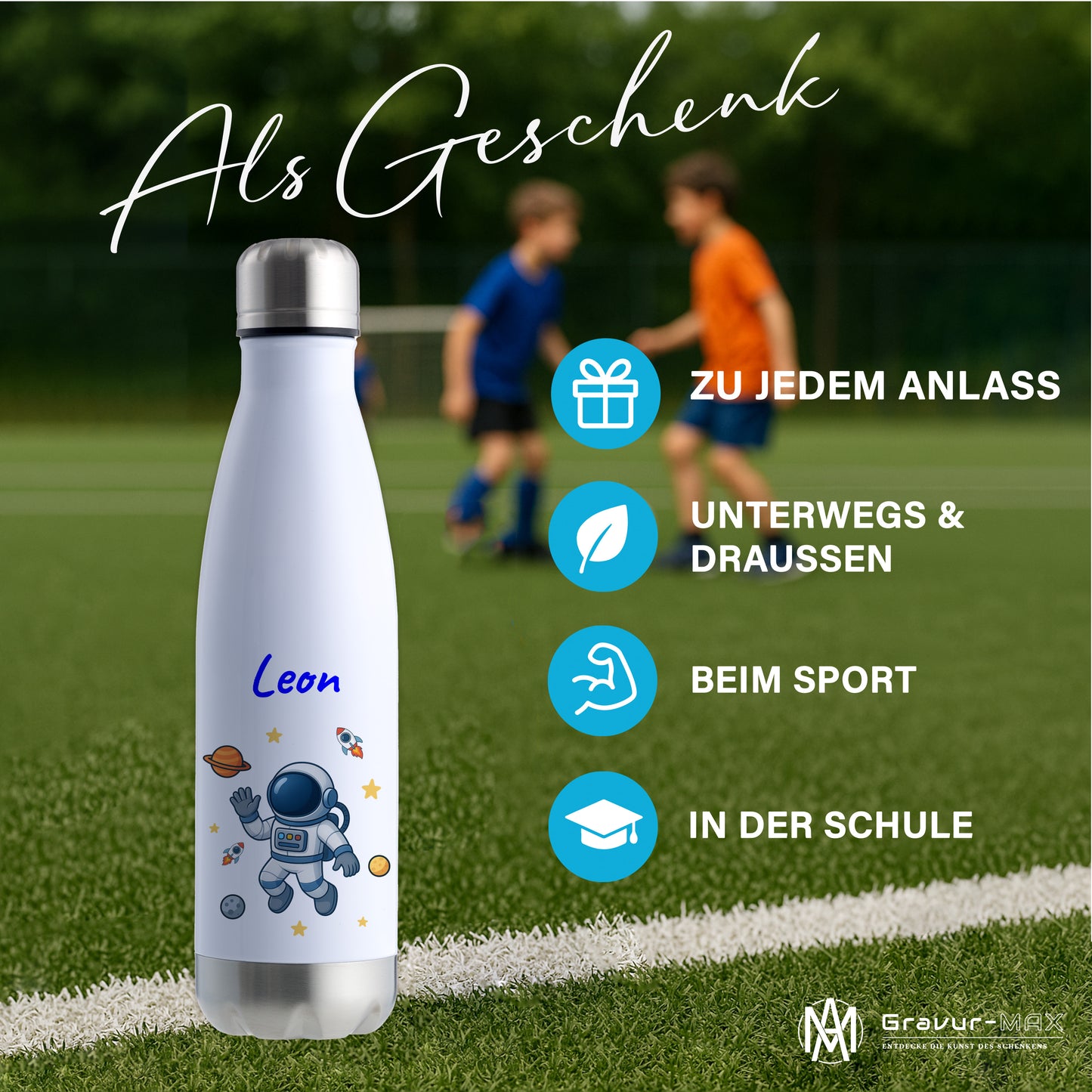 Thermoflasche 500ml in Weiß/Silber bedruckt mit tollen Motiven für Kinder "Astronaut" personalisierbar mit Wunschname
