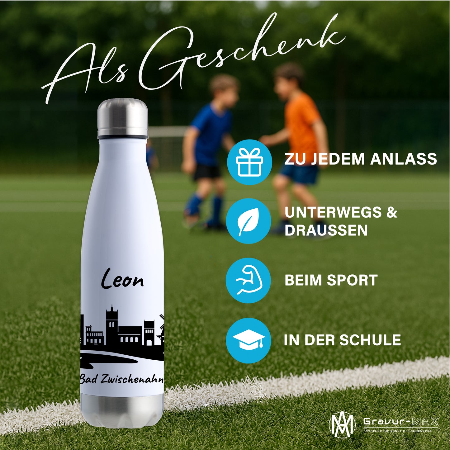 Trinkflasche in Weiß/Silber 500ml aus Edelstahl bedruckt mit der Skyline von Bad Zwischenahn personalisierbar mit Wunschname