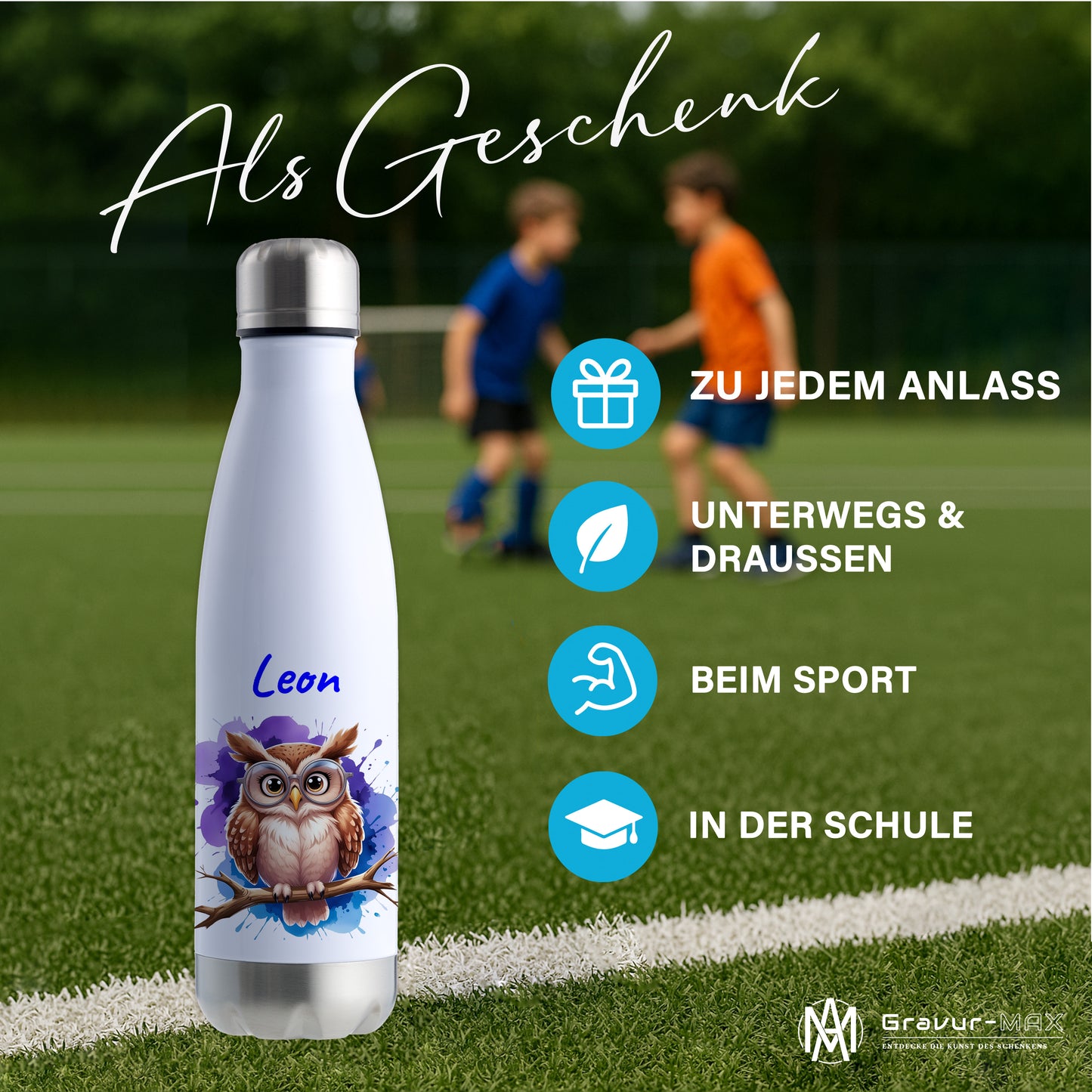 Trinkflasche in Weiß/Silber 500ml aus Edelstahl bedruckt mit niedlichen Tieren "Eule" personalisierbar für Kinder mit Wunschname