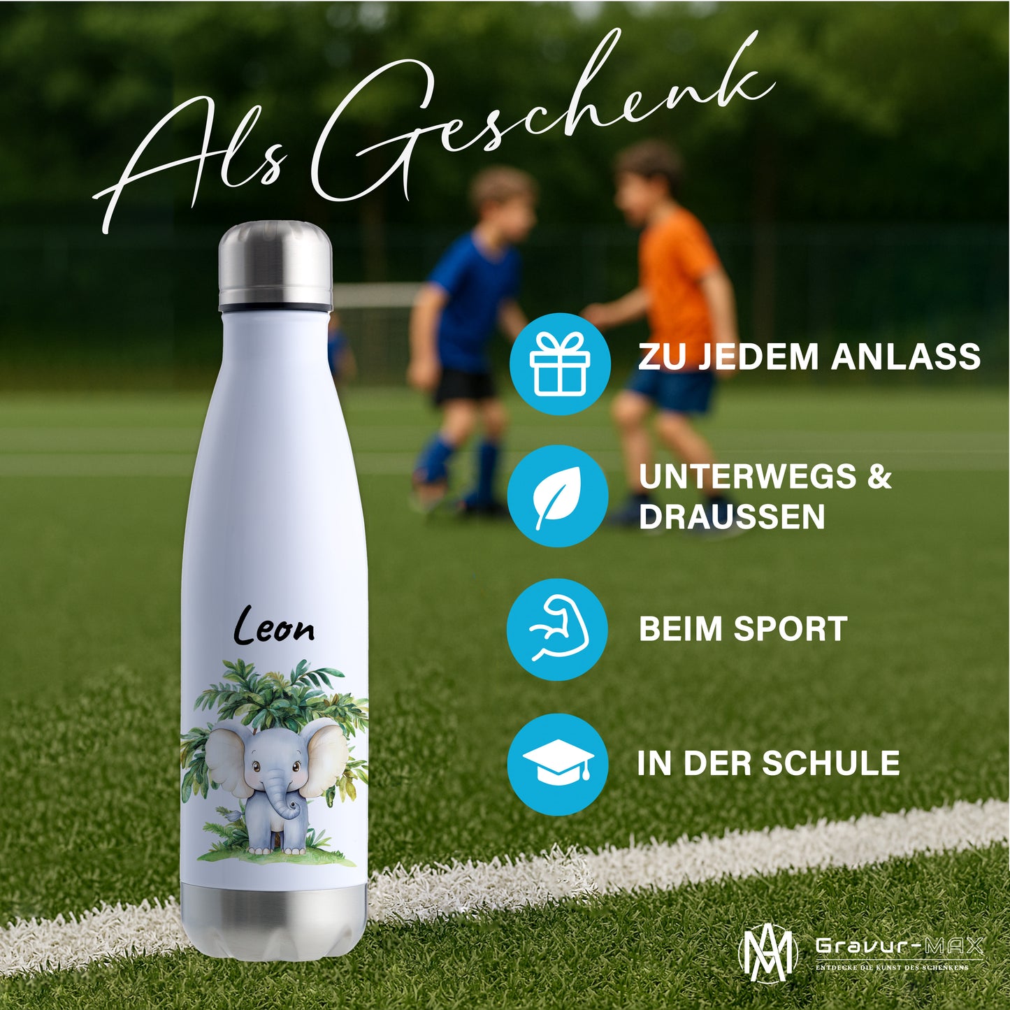 Trinkflasche in Weiß/Silber 500ml aus Edelstahl bedruckt mit Dschungel Tieren"Elefant" personalisierbar für Kinder mit Wunschname