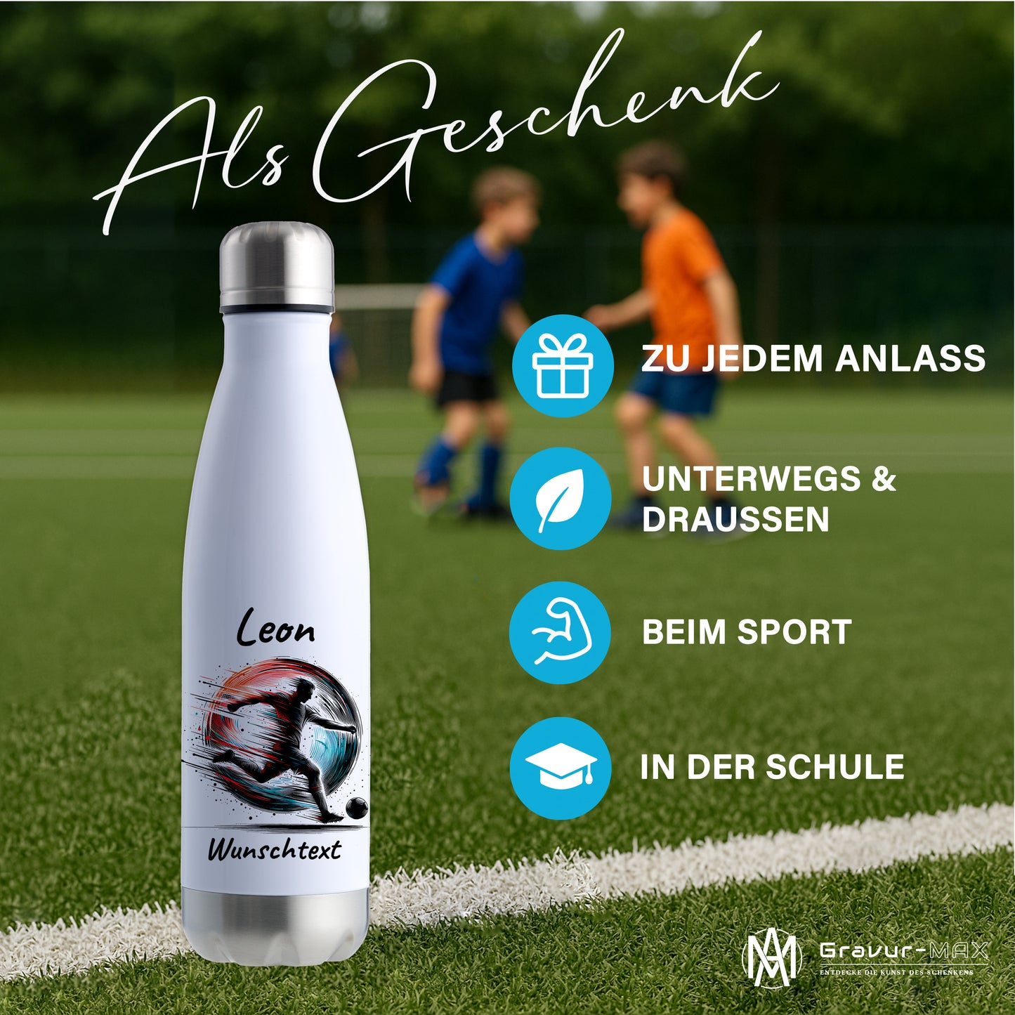 Thermoflasche 500ml in Weiß/Silber aus Edelstahl bedruckt "Fußball" Motiv3 personalisierbar mit Wunschname & Text