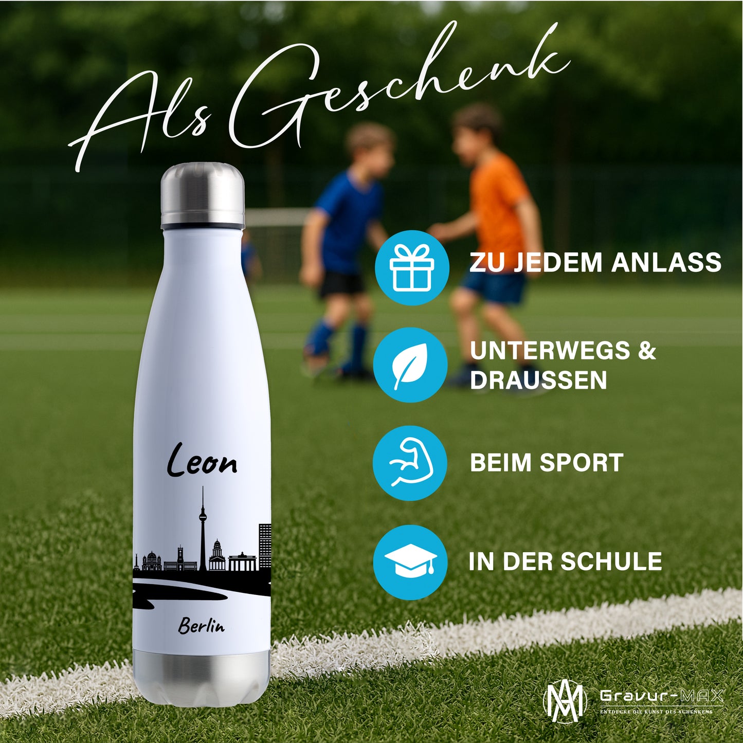 Trinkflasche in Weiß/Silber 500ml aus Edelstahl bedruckt mit der Skyline von Berlin personalisierbar mit Wunschname