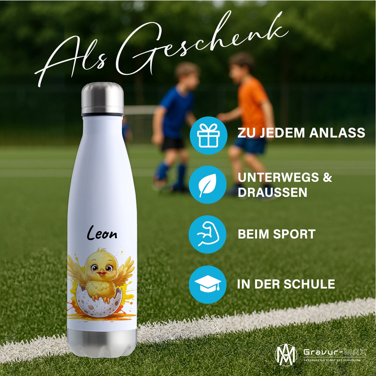Trinkflasche in Weiß/Silber 500ml aus Edelstahl bedruckt mit niedlichen Tieren "Küken" personalisierbar für Kinder mit Wunschname