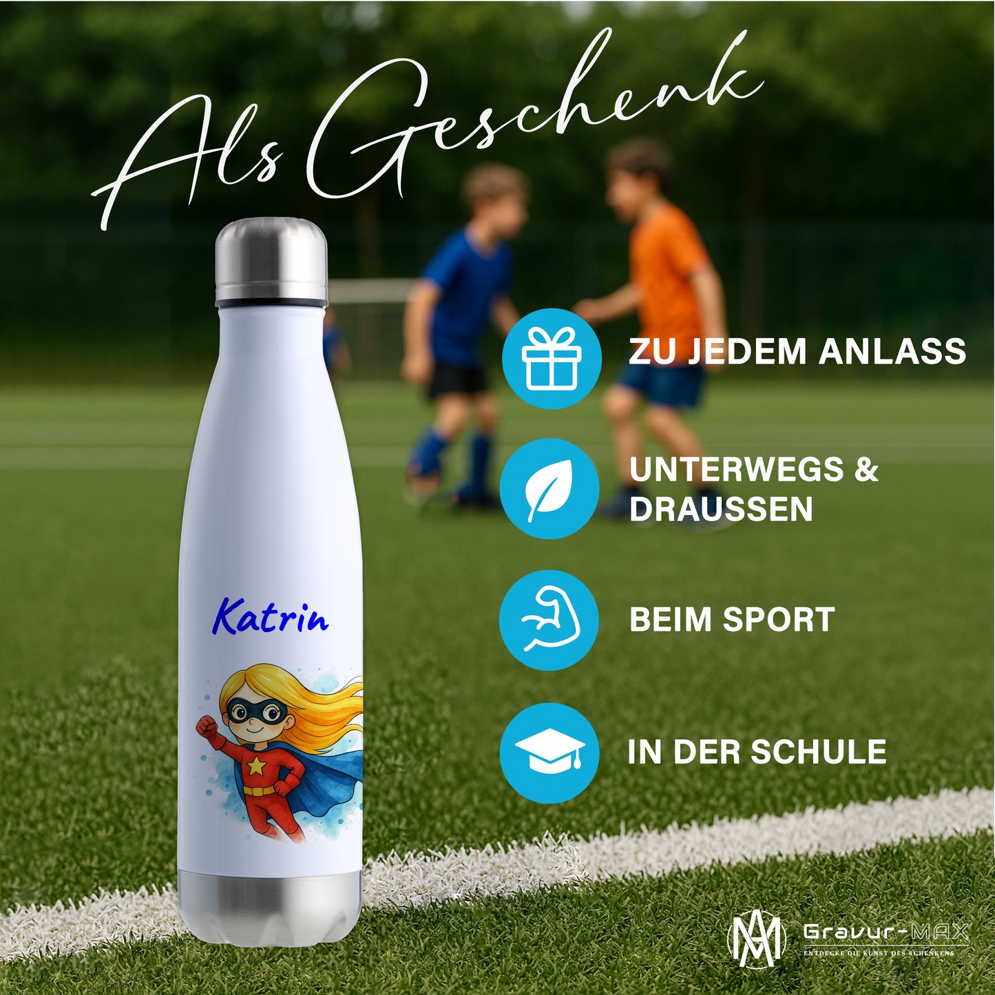 Thermoflasche 500ml in Weiß/Silber bedruckt mit tollen Motiven für Kinder "Superheldin" personalisierbar mit Wunschname