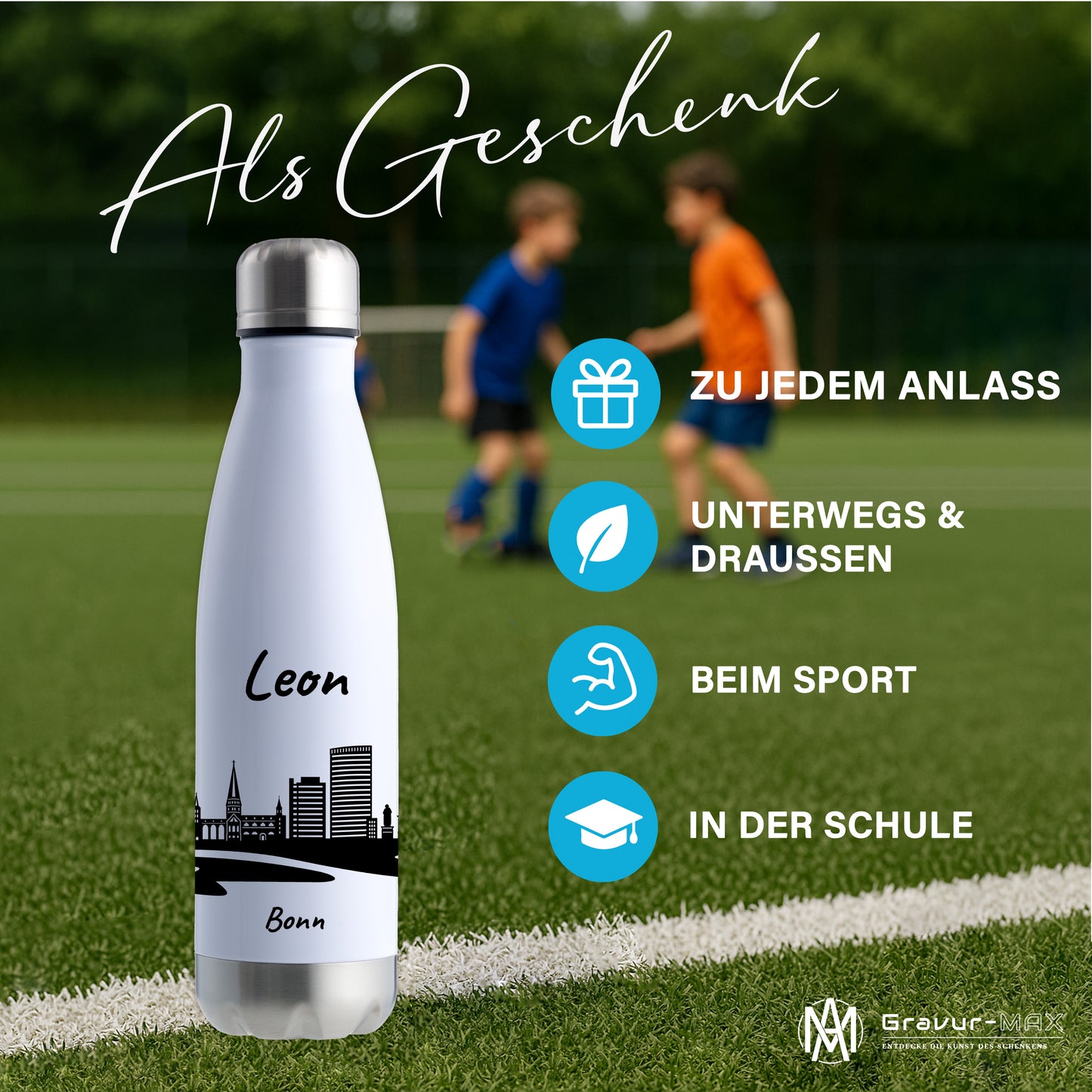 Trinkflasche in Weiß/Silber 500ml aus Edelstahl bedruckt mit der Skyline von Bonn personalisierbar mit Wunschname