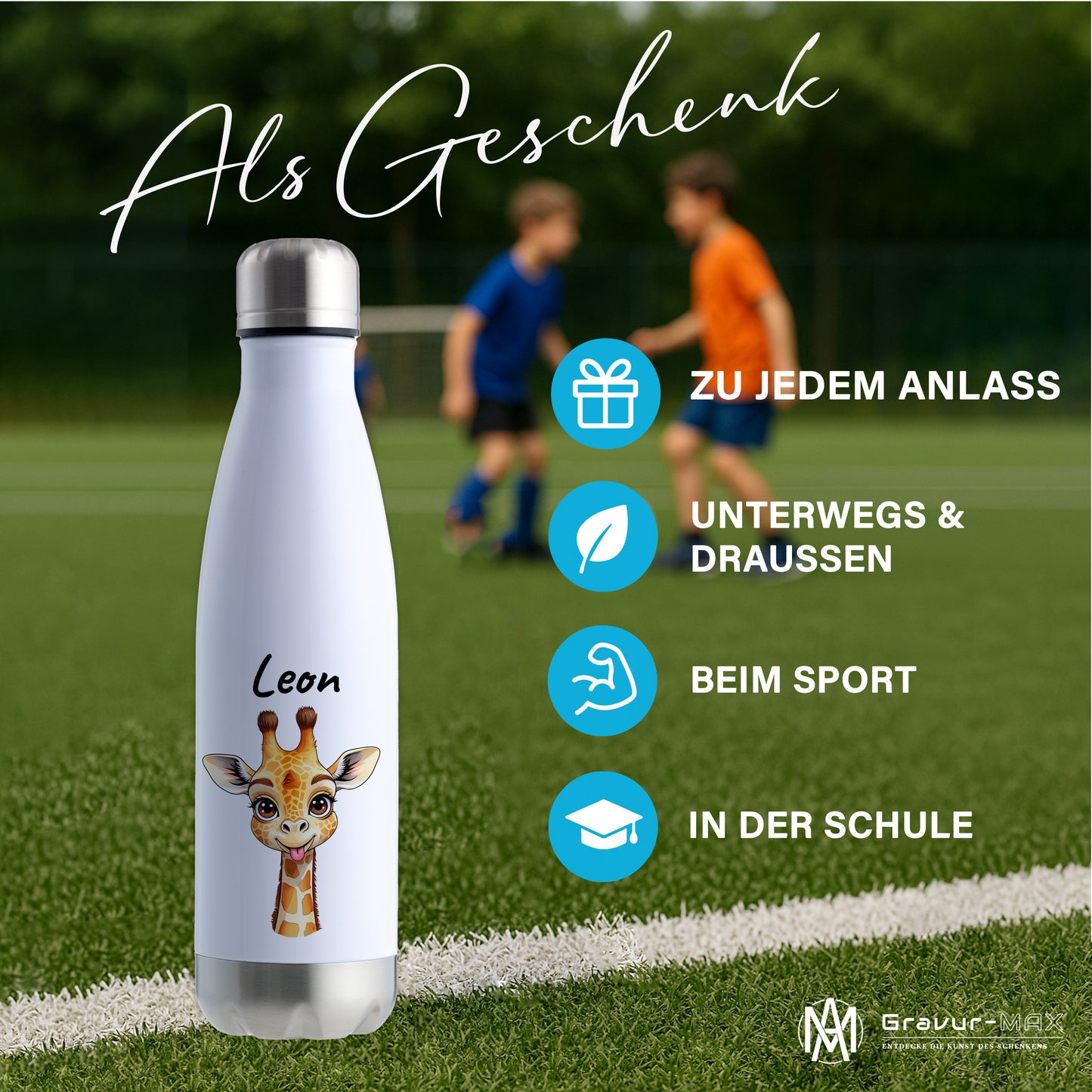 Trinkflasche in Weiß/Silber 500ml aus Edelstahl bedruckt mit niedlichen Tieren "Giraffe" personalisierbar für Kinder mit Wunschname