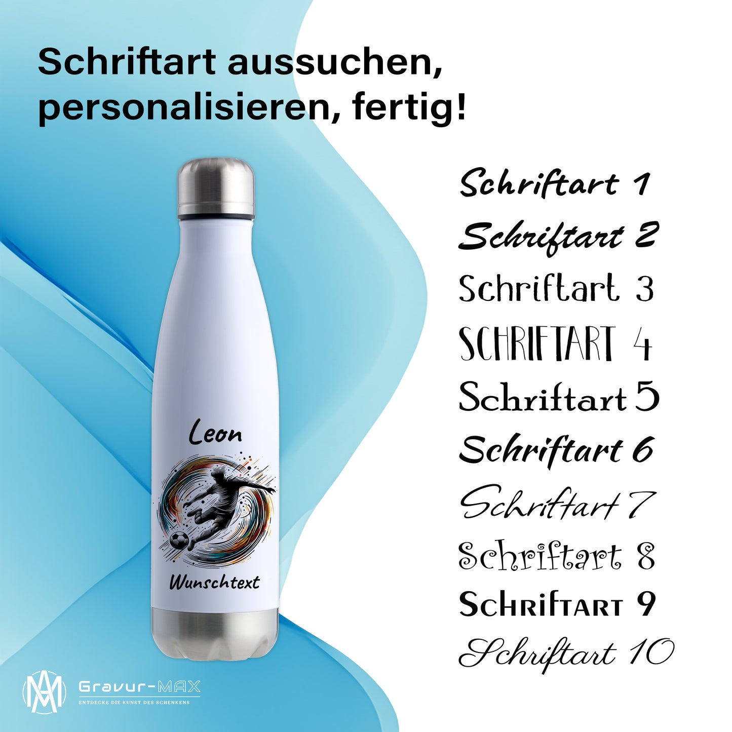 Thermoflasche 500ml in Weiß/Silber aus Edelstahl bedruckt "Fußball" Motiv1 personalisierbar mit Wunschname & Text