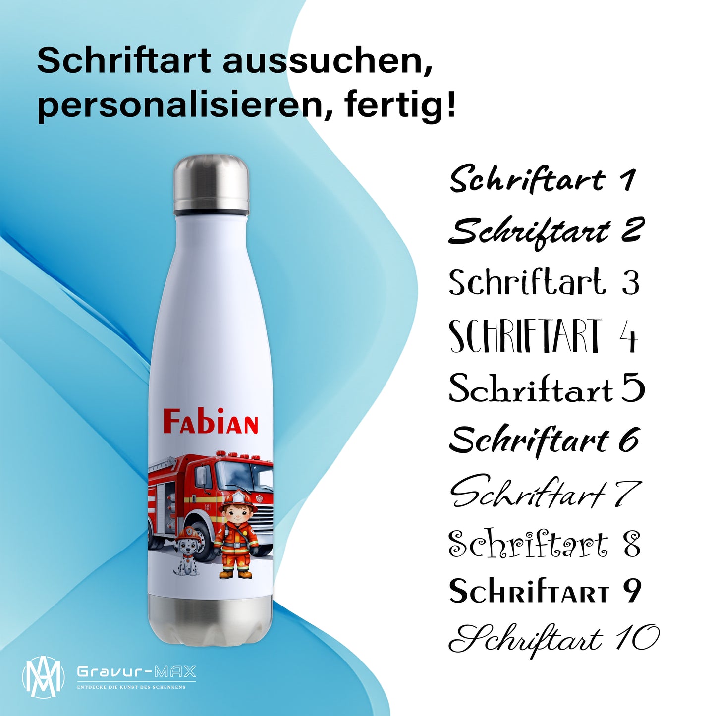 Thermoflasche 500ml in Weiß/Silber bedruckt mit tollen Motiven für Kinder "Feuerwehr" personalisierbar mit Wunschname