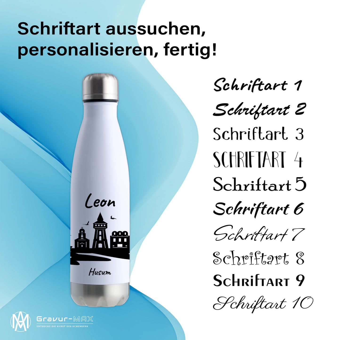 Trinkflasche in Weiß/Silber 500ml aus Edelstahl bedruckt mit der Skyline von Husum personalisierbar mit Wunschname