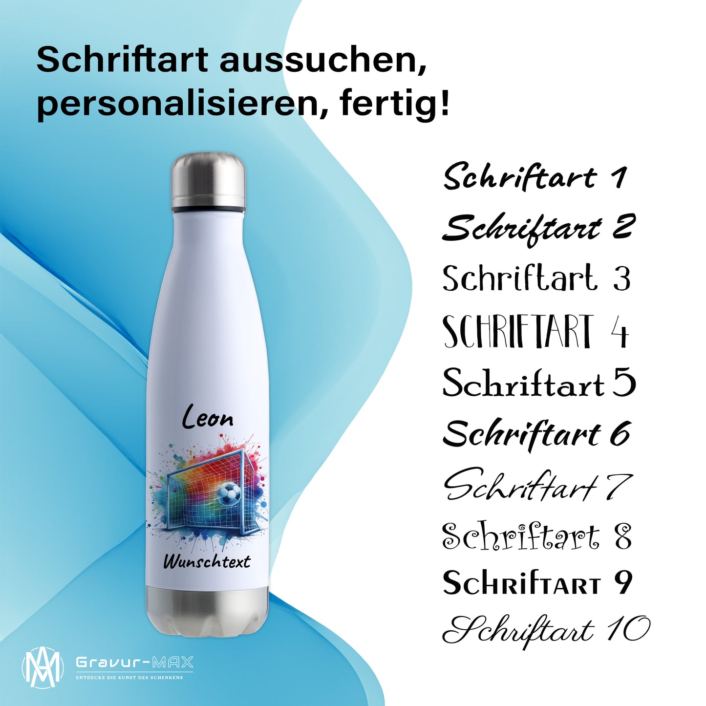 Thermoflasche 500ml in Weiß/Silber aus Edelstahl bedruckt "Fußball" Motiv5 personalisierbar mit Wunschname & Text