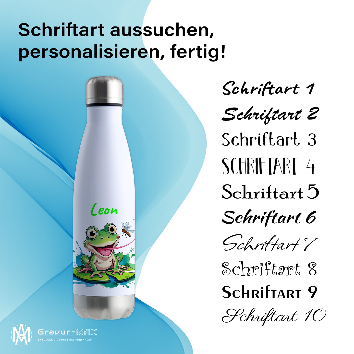 Trinkflasche in Weiß/Silber 500ml aus Edelstahl bedruckt mit niedlichen Tieren "Frosch" personalisierbar für Kinder mit Wunschname