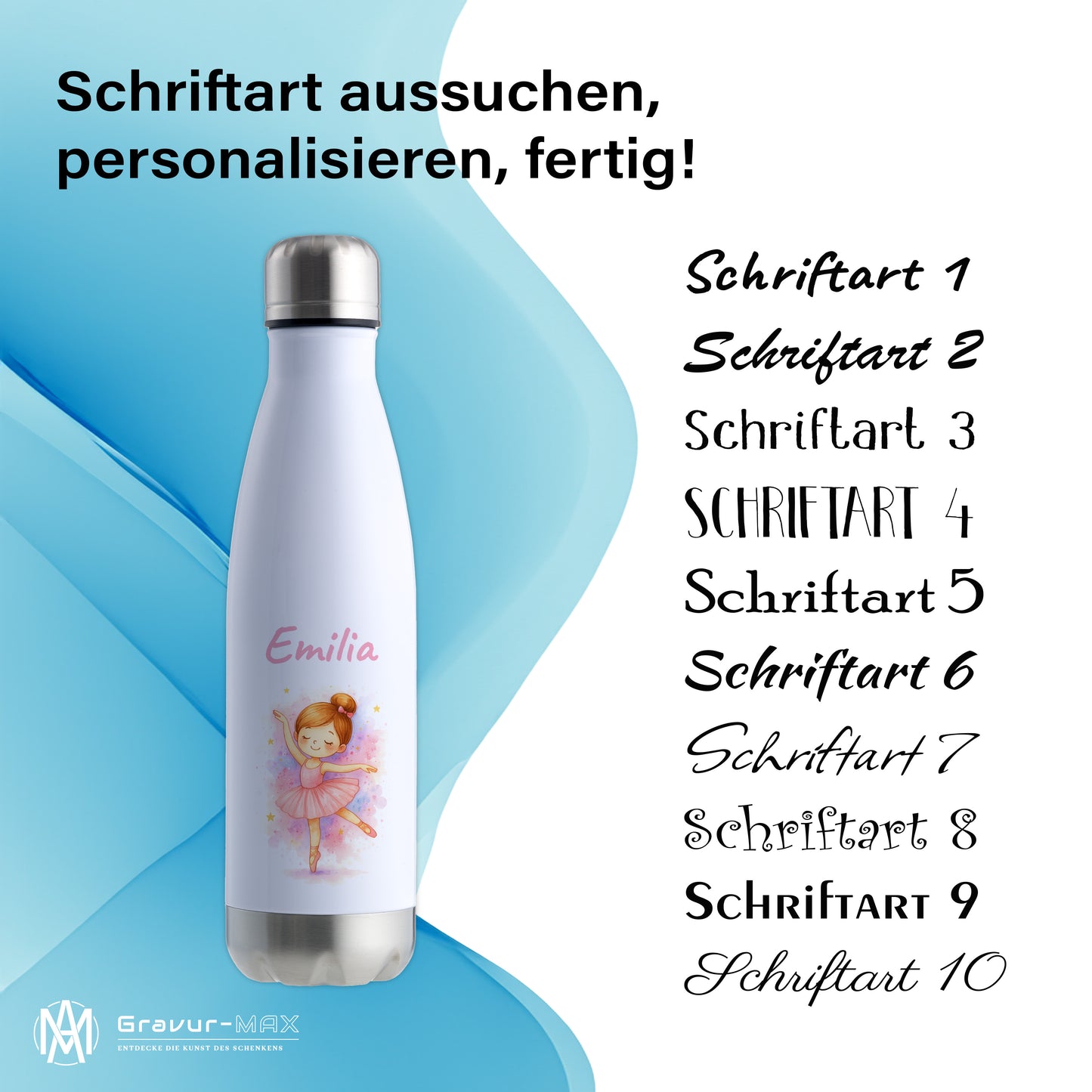 Thermoflasche 500ml in Weiß/Silber bedruckt mit tollen Motiven für Kinder "Ballerina" personalisierbar mit Wunschname