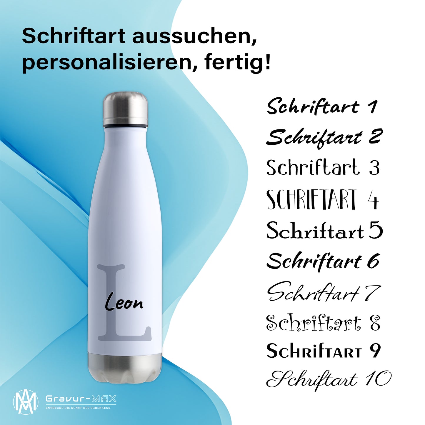 Thermoflasche 500ml aus Edelstahl in Weiß/Silber personalisierbar mit Wunschname auslaufsichere Trinkflasche