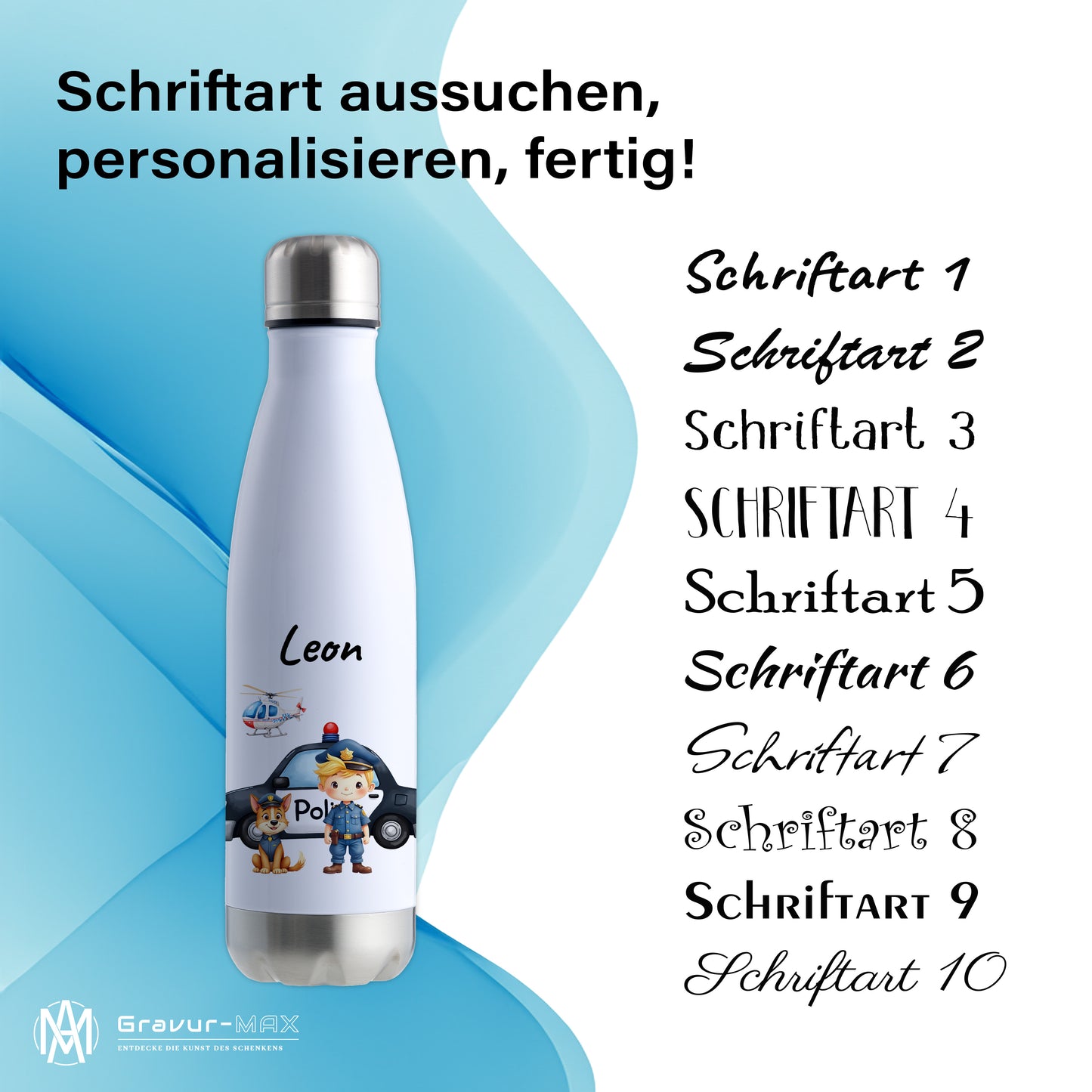Thermoflasche 500ml in Weiß/Silber bedruckt mit tollen Motiven für Kinder "Polizei" personalisierbar mit Wunschname
