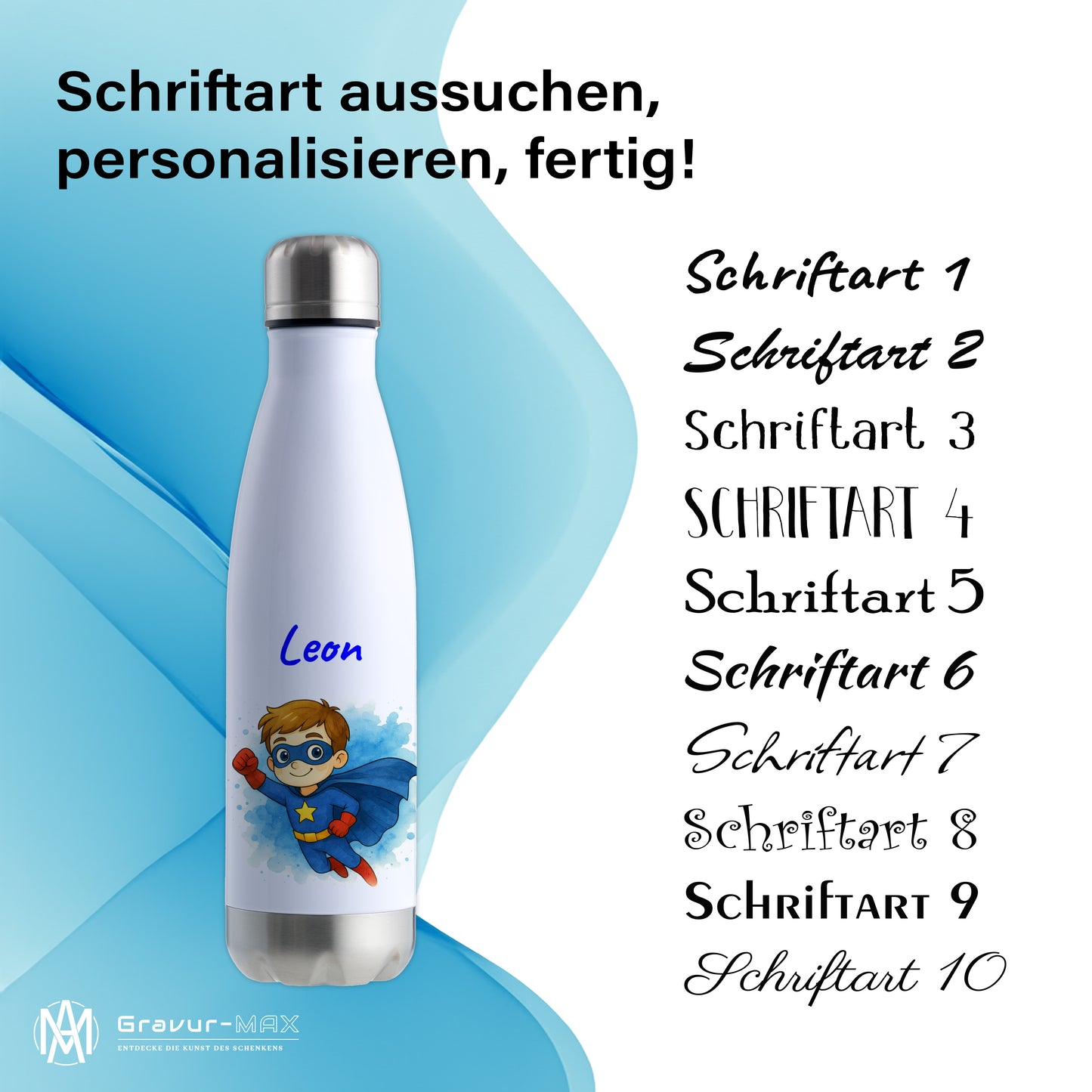 Thermoflasche 500ml in Weiß/Silber bedruckt mit tollen Motiven für Kinder "Superheld" personalisierbar mit Wunschname