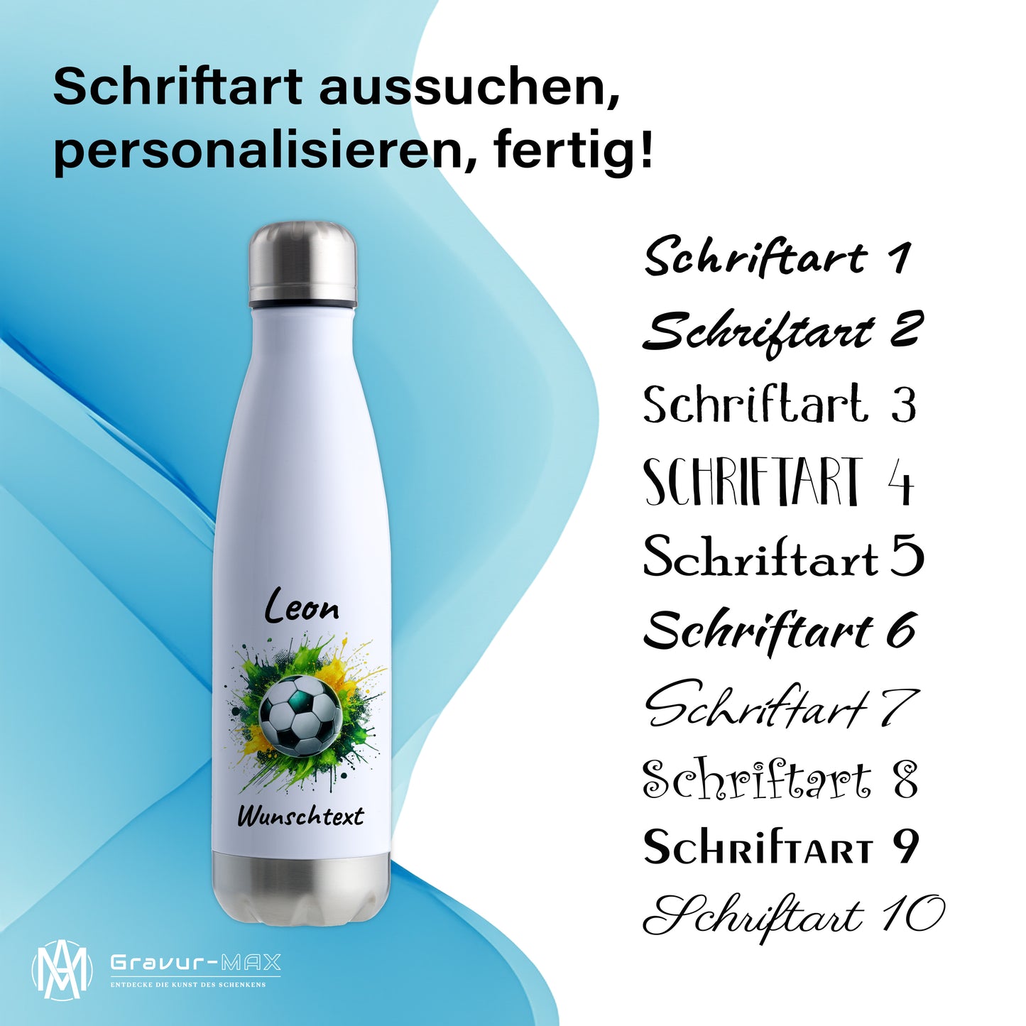 Thermoflasche 500ml in Weiß/Silber aus Edelstahl bedruckt "Fußball" Motiv11 personalisierbar mit Wunschname & Text
