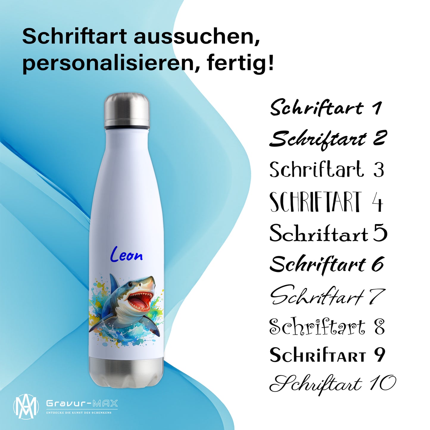 Thermoflasche 500ml in Weiß/Silber bedruckt mit tollen Motiven für Kinder "Hai" personalisierbar mit Wunschname