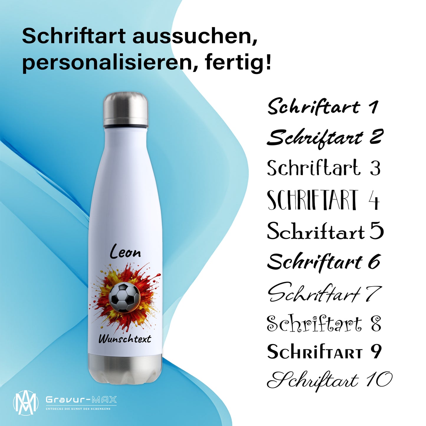Thermoflasche 500ml in Weiß/Silber aus Edelstahl bedruckt "Fußball" Motiv9 personalisierbar mit Wunschname & Text