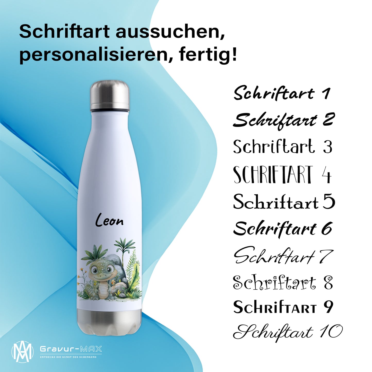 Trinkflasche in Weiß/Silber 500ml aus Edelstahl bedruckt mit Dschungel Tieren"Krokodil" personalisierbar für Kinder mit Wunschname