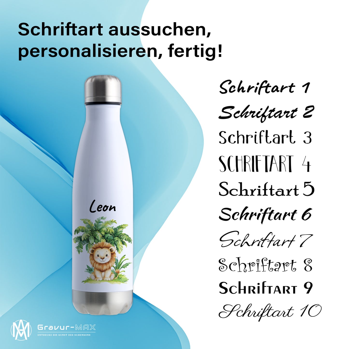 Trinkflasche in Weiß/Silber 500ml aus Edelstahl bedruckt mit Dschungel Tieren"Löwe" personalisierbar für Kinder mit Wunschname