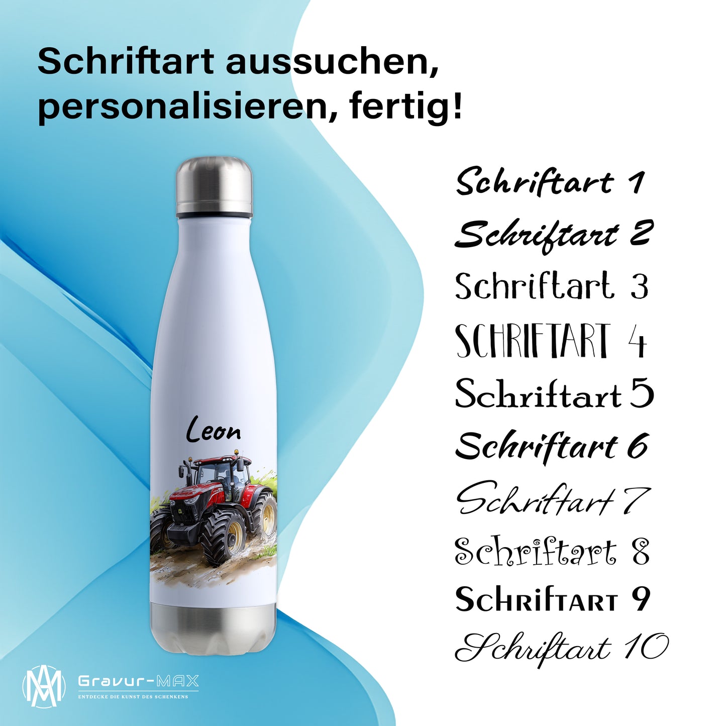 Thermoflasche 500ml in Weiß/Silber bedruckt mit tollen Motiven für Kinder "Traktor" personalisierbar mit Wunschname