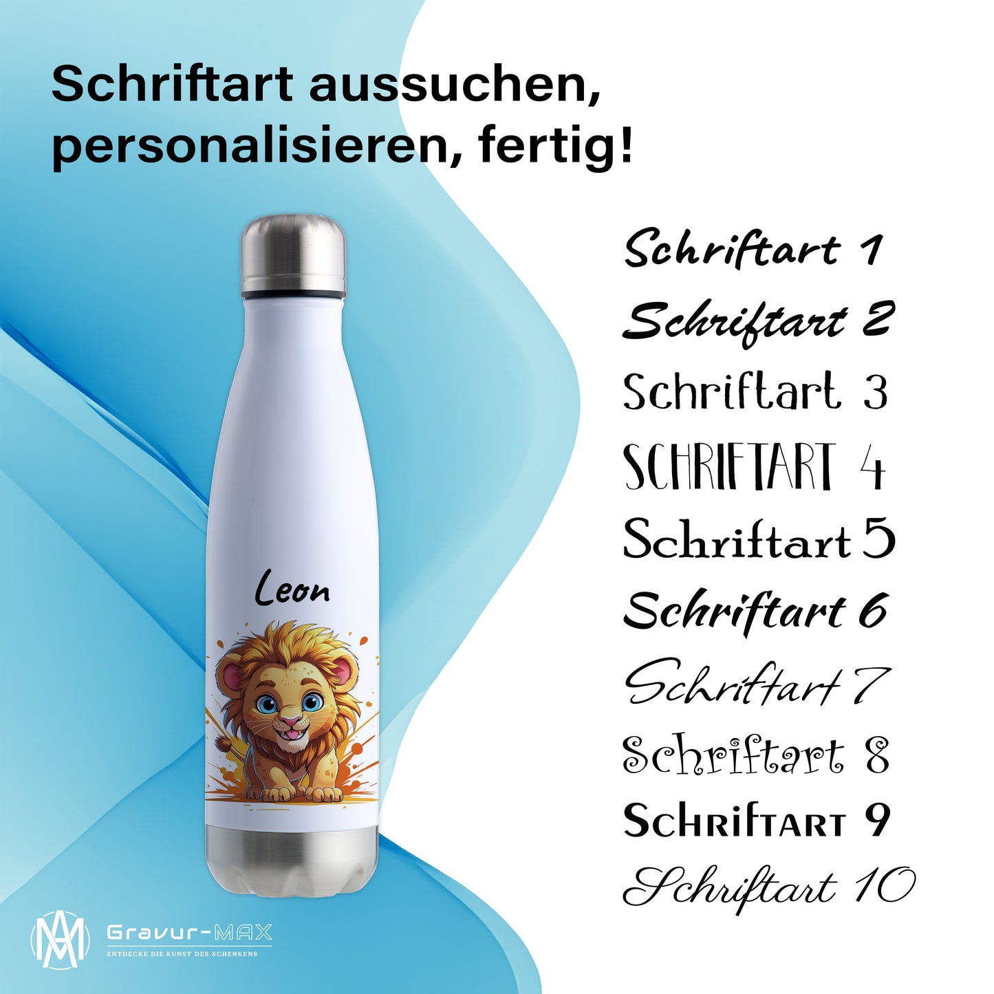 Trinkflasche in Weiß/Silber 500ml aus Edelstahl bedruckt mit niedlichen Tieren "Löwe" personalisierbar für Kinder mit Wunschname