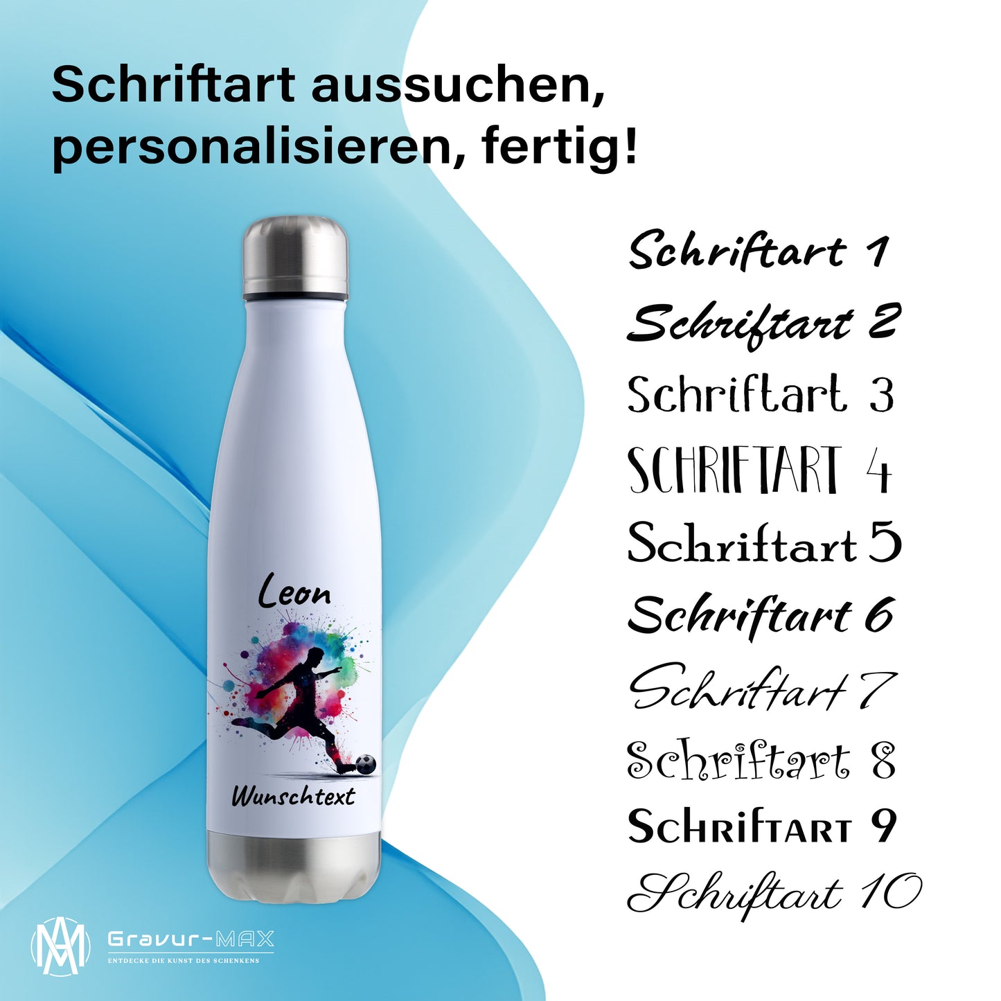 Thermoflasche 500ml in Weiß/Silber aus Edelstahl bedruckt "Fußball" Motiv4 personalisierbar mit Wunschname & Text