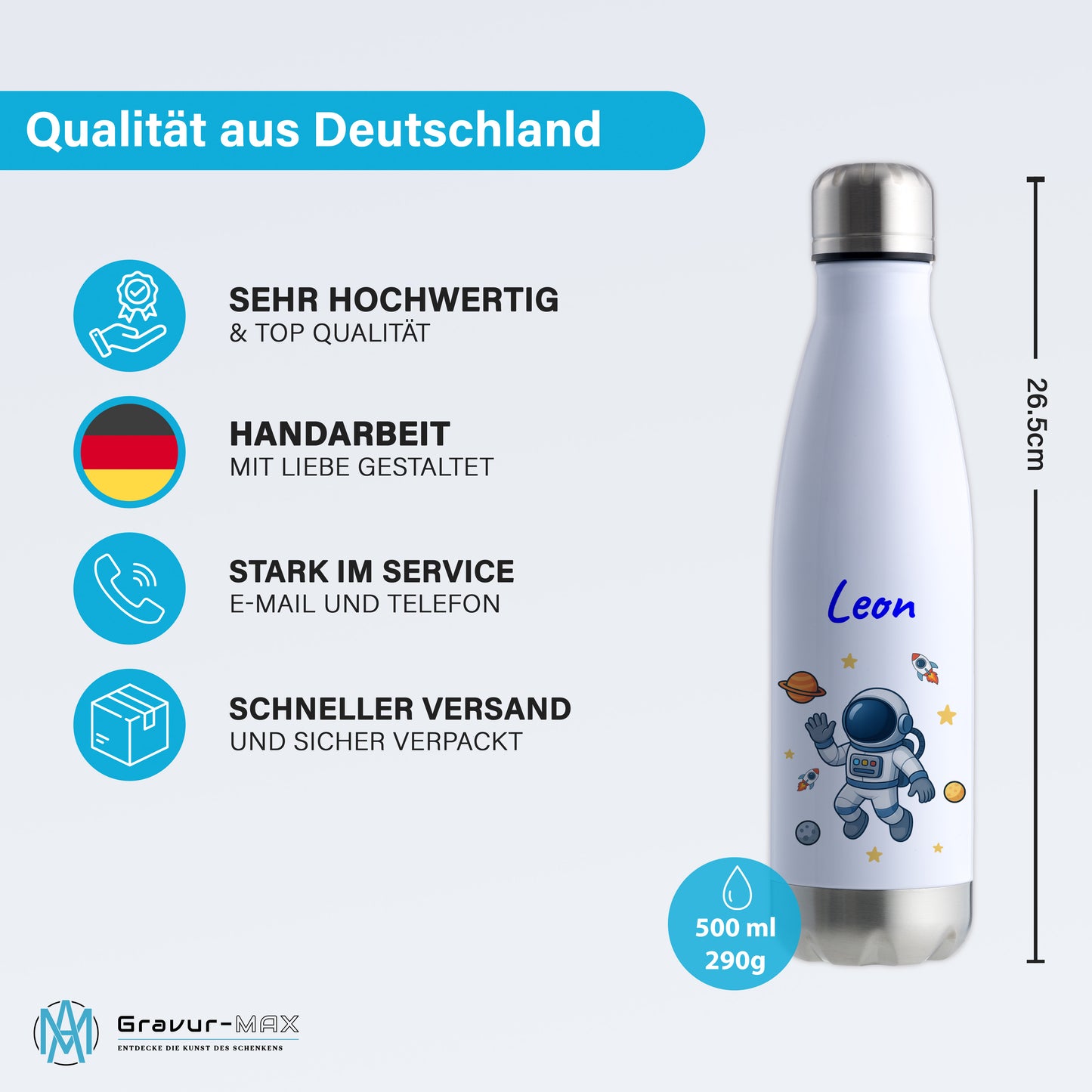 Thermoflasche 500ml in Weiß/Silber bedruckt mit tollen Motiven für Kinder "Astronaut" personalisierbar mit Wunschname