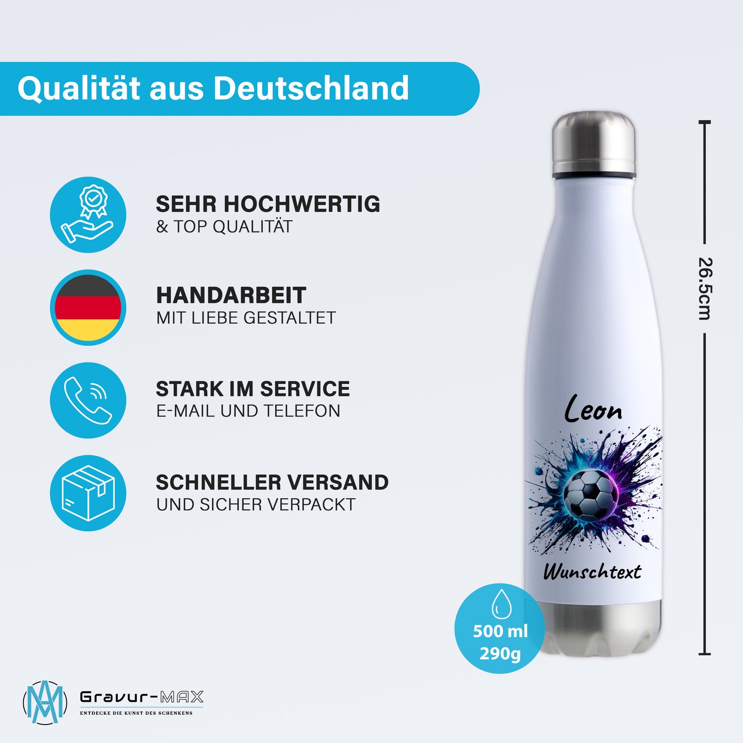 Thermoflasche 500ml in Weiß/Silber aus Edelstahl bedruckt "Fußball" Motiv10 personalisierbar mit Wunschname & Text