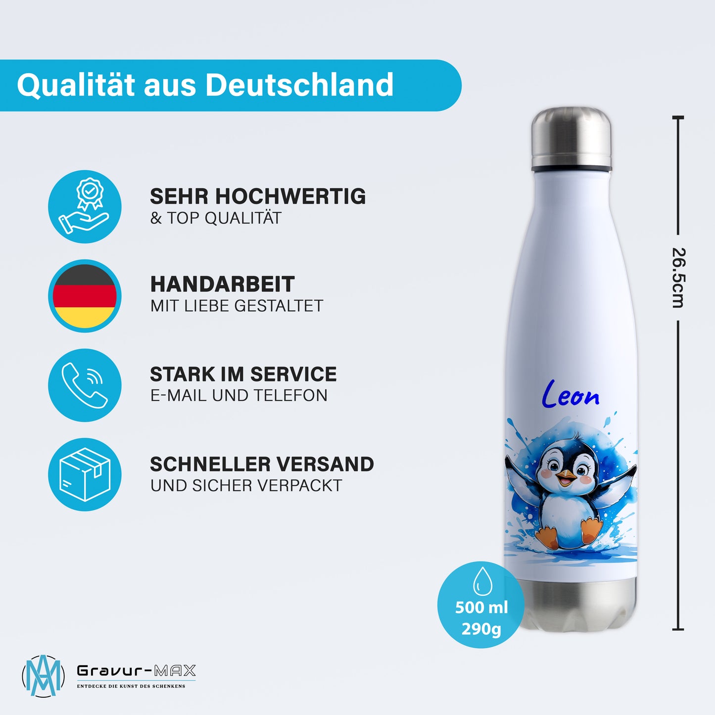 Trinkflasche in Weiß/Silber 500ml aus Edelstahl bedruckt mit niedlichen Tieren "Pinguin" personalisierbar für Kinder mit Wunschname