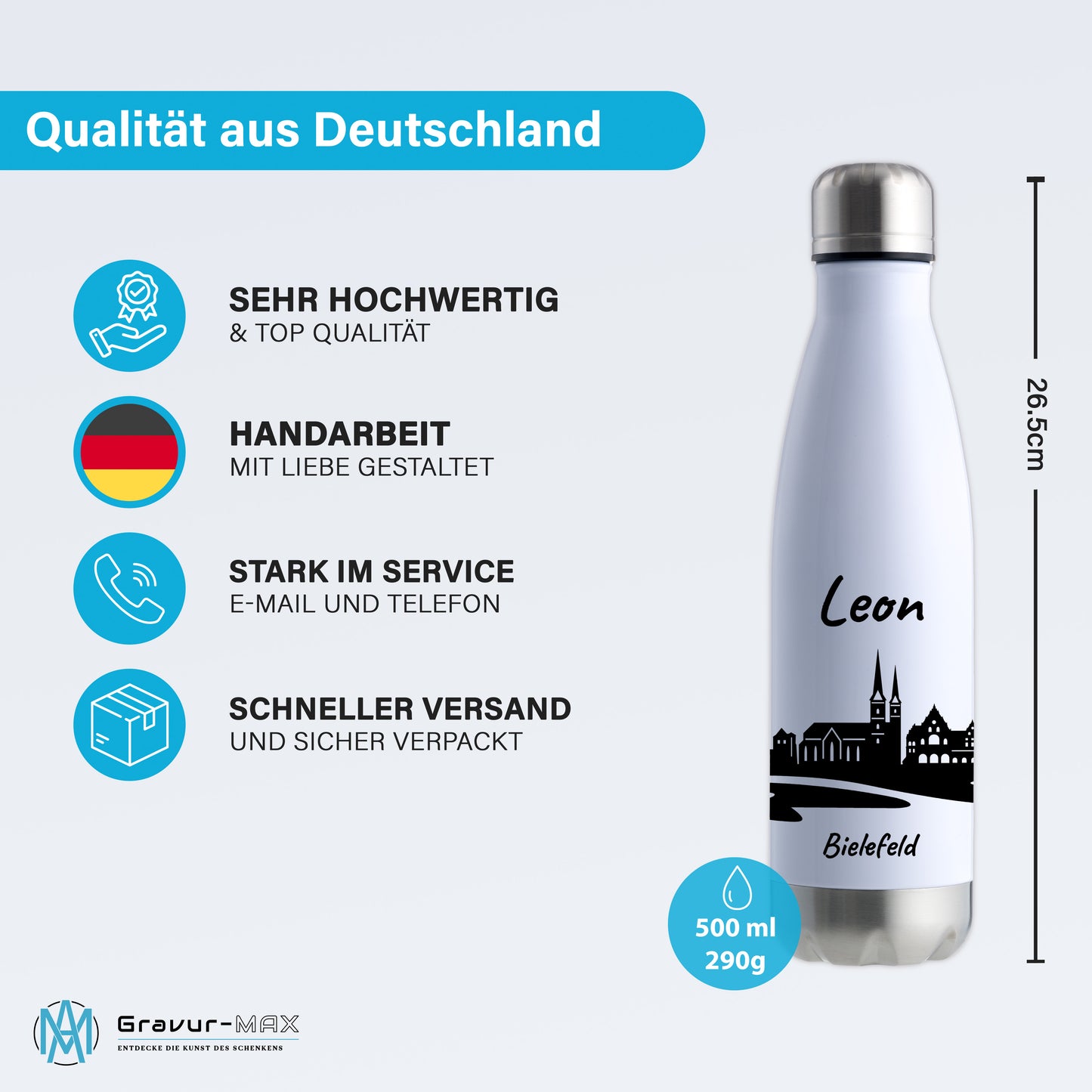 Trinkflasche in Weiß/Silber 500ml aus Edelstahl bedruckt mit der Skyline von Bielefeld personalisierbar mit Wunschname