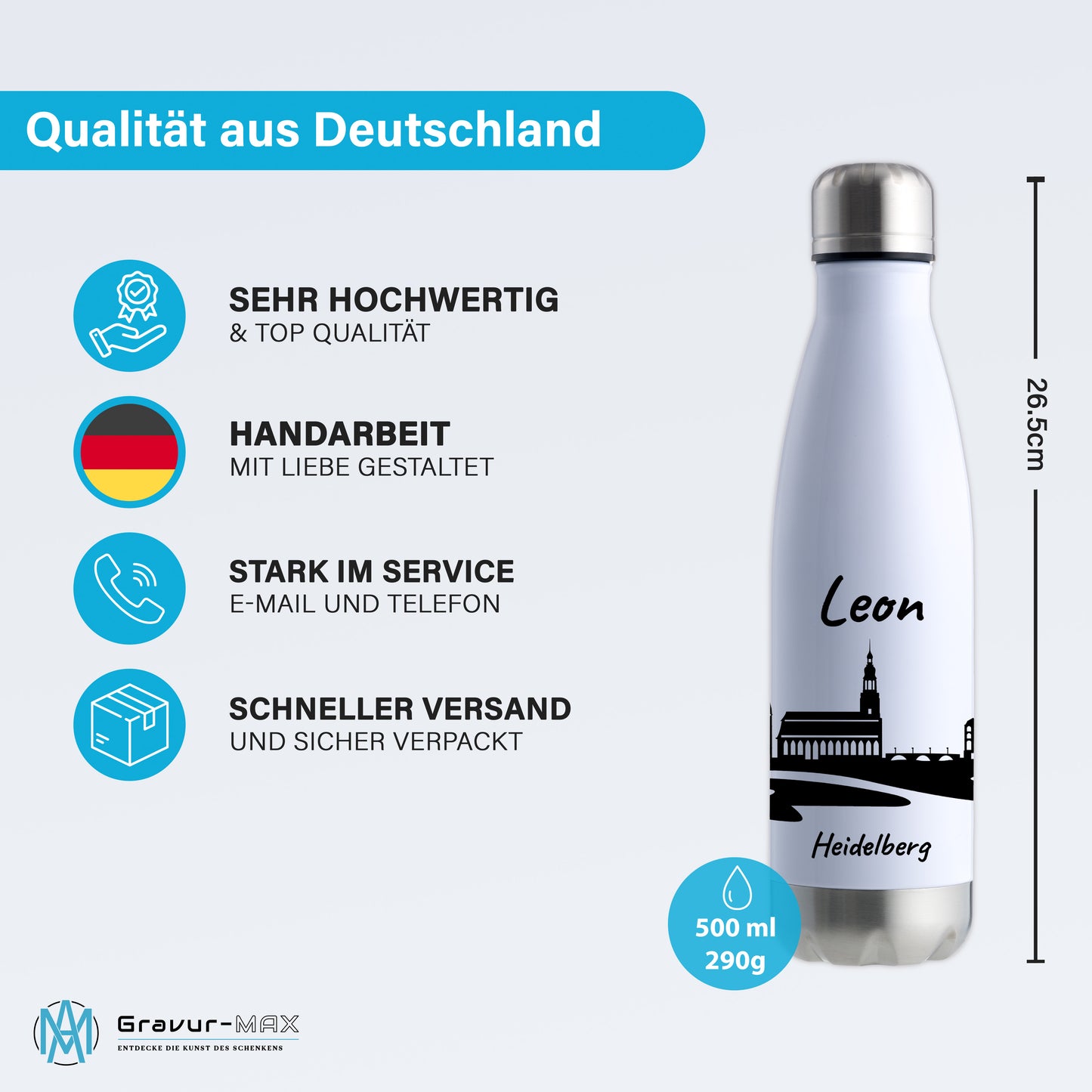 Trinkflasche in Weiß/Silber 500ml aus Edelstahl bedruckt mit der Skyline von Heidelberg personalisierbar mit Wunschname