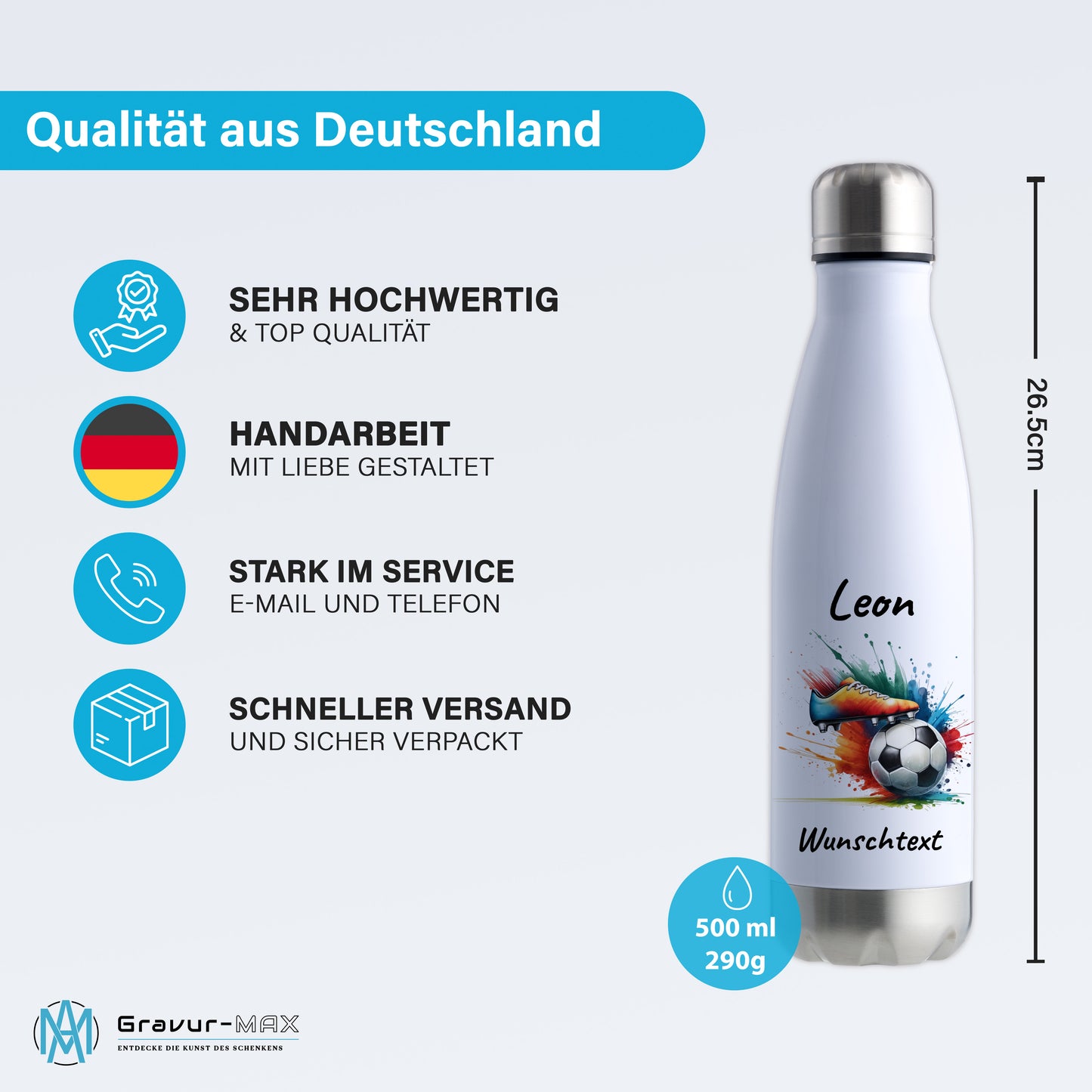 Thermoflasche 500ml in Weiß/Silber aus Edelstahl bedruckt "Fußball" Motiv6 personalisierbar mit Wunschname & Text
