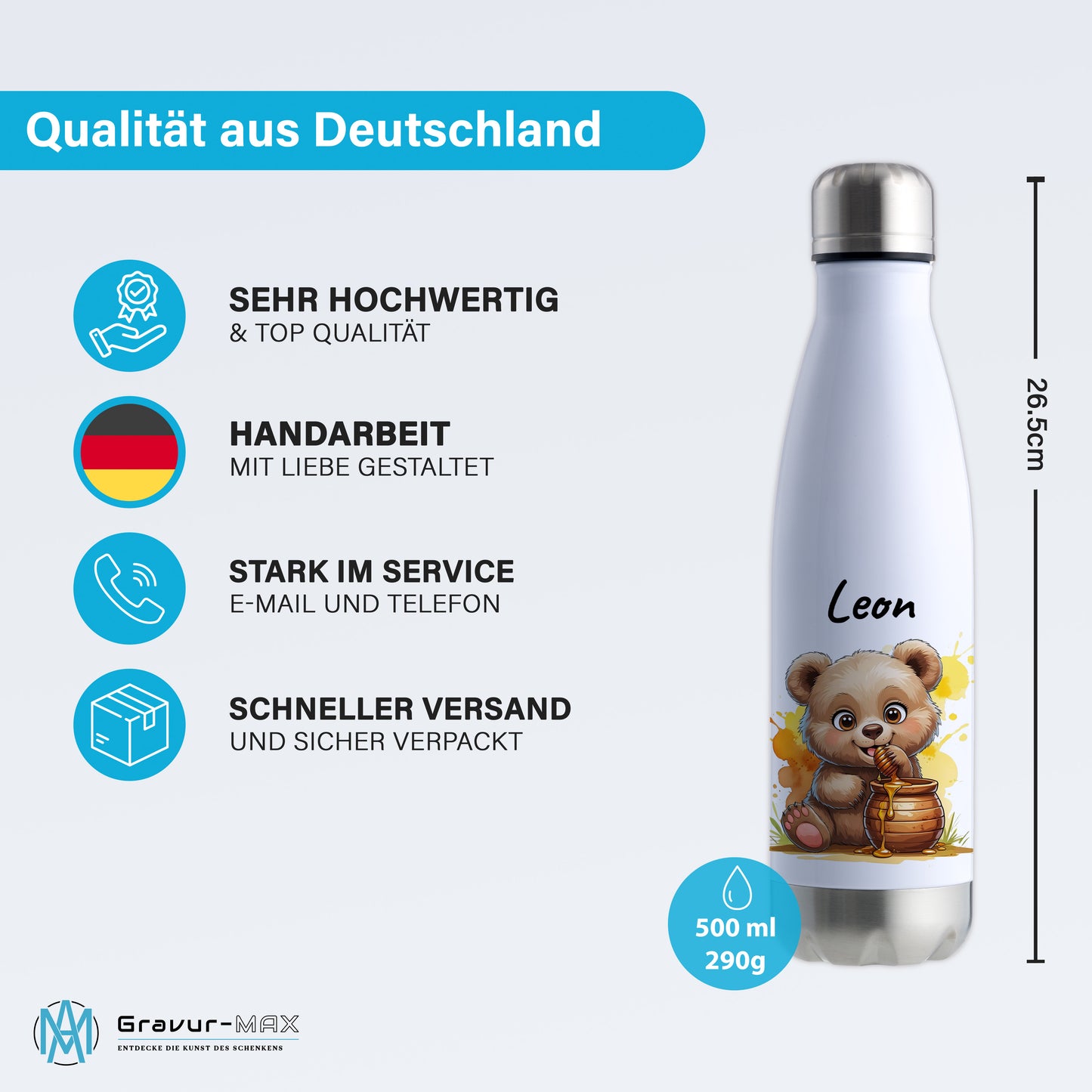 Trinkflasche in Weiß/Silber 500ml aus Edelstahl bedruckt mit niedlichen Tieren "Bär" personalisierbar für Kinder mit Wunschname