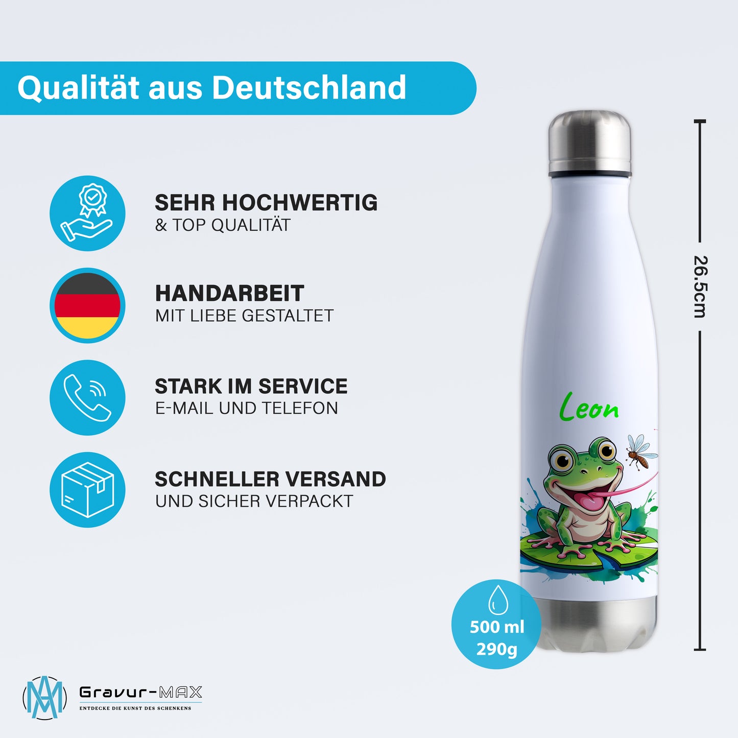 Trinkflasche in Weiß/Silber 500ml aus Edelstahl bedruckt mit niedlichen Tieren "Frosch" personalisierbar für Kinder mit Wunschname