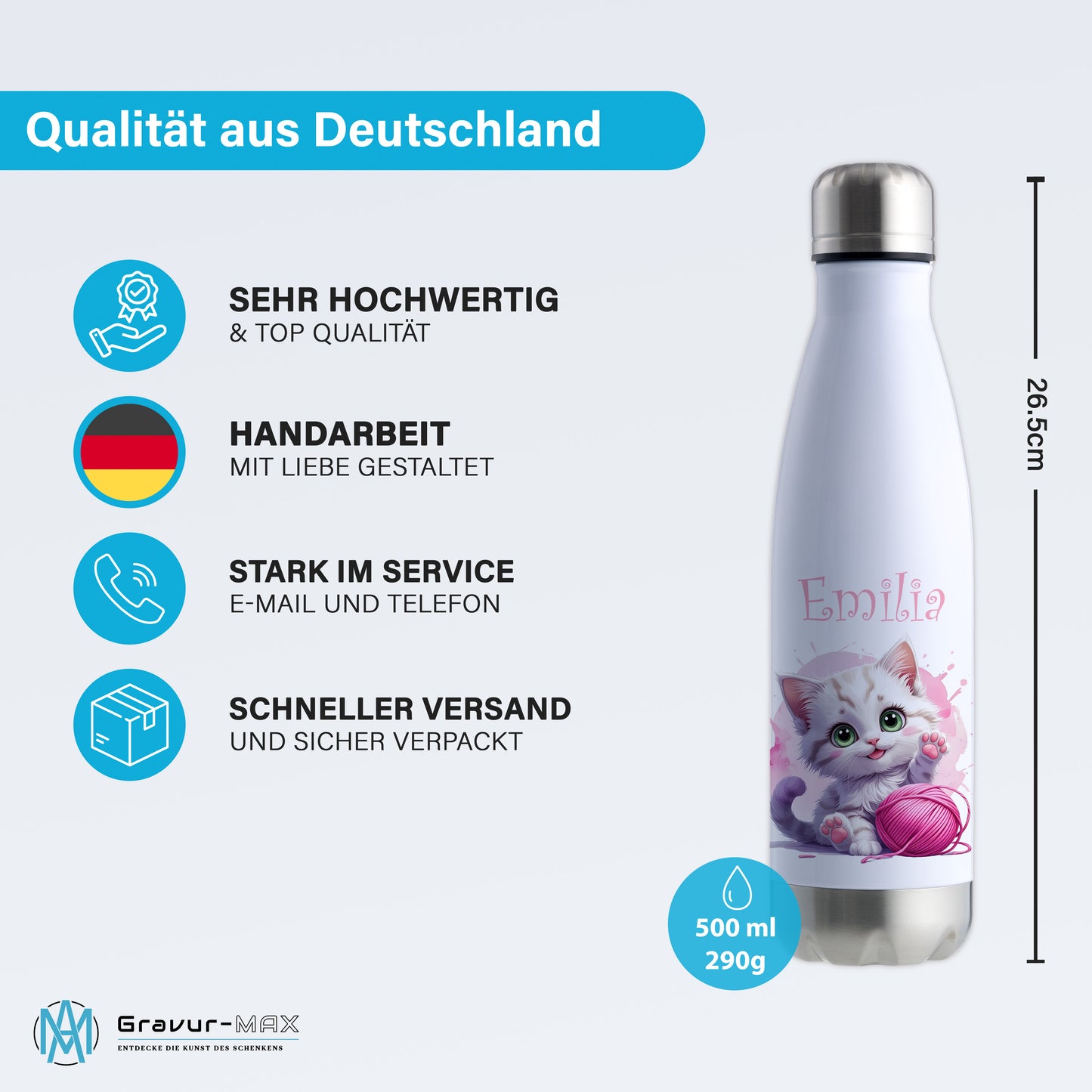 Trinkflasche in Weiß/Silber 500ml aus Edelstahl bedruckt mit niedlichen Tieren "Katze" personalisierbar für Kinder mit Wunschname