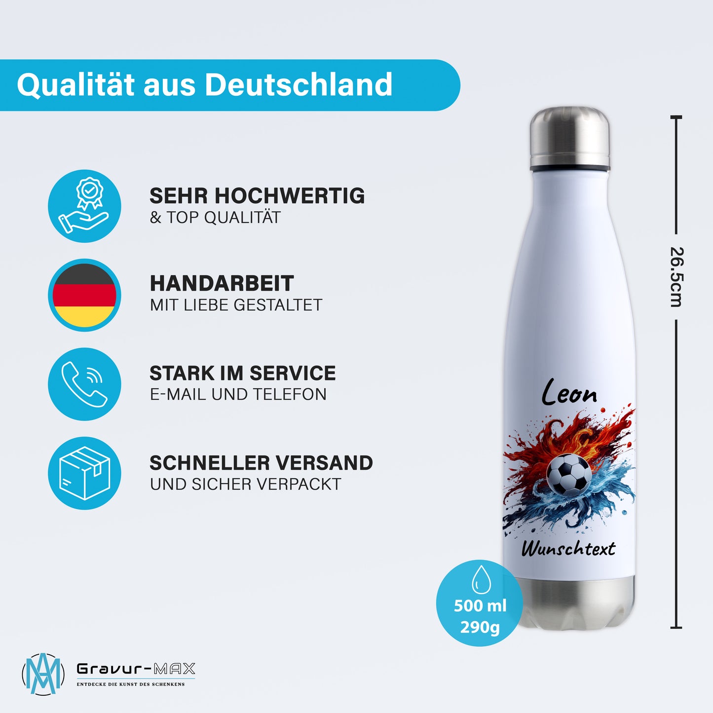 Thermoflasche 500ml in Weiß/Silber aus Edelstahl bedruckt "Fußball" Motiv12 personalisierbar mit Wunschname & Text