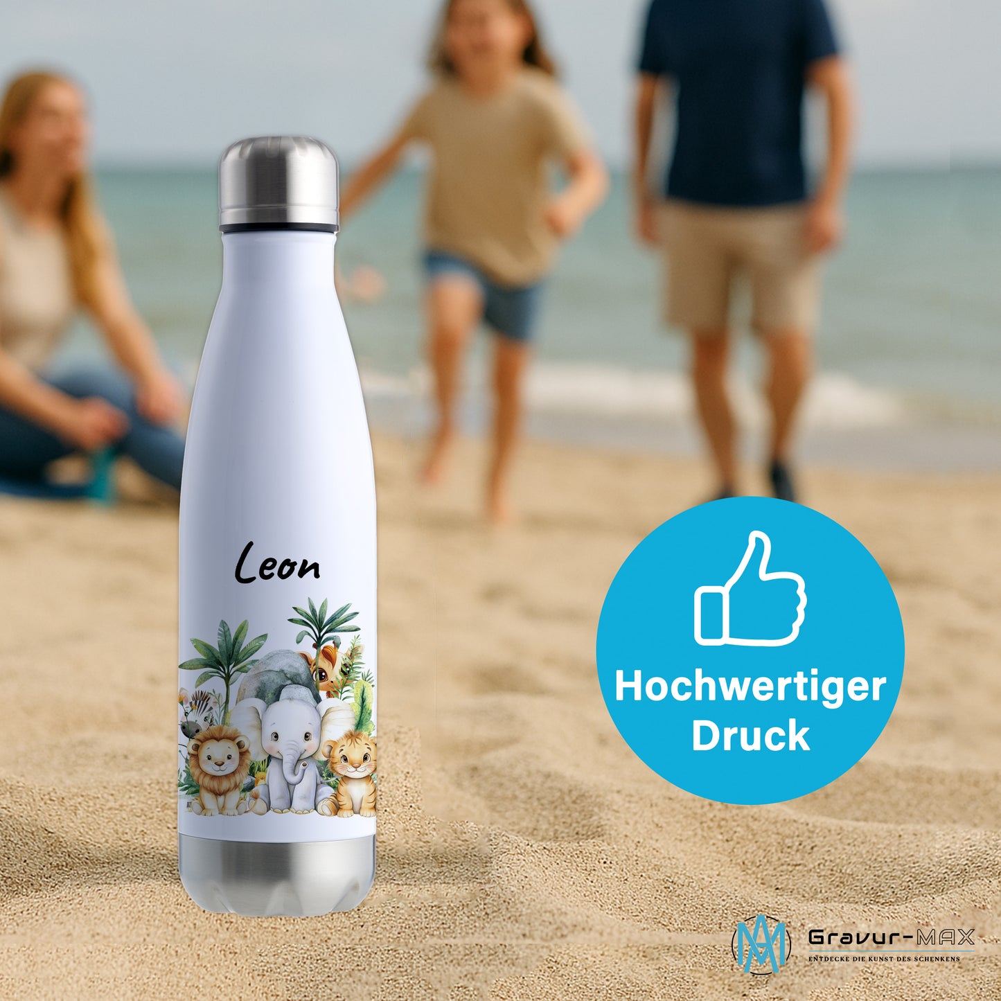 Trinkflasche in Weiß/Silber 500ml aus Edelstahl bedruckt mit Dschungel Tieren"Dschungel Tiere" personalisierbar für Kinder mit Wunschname