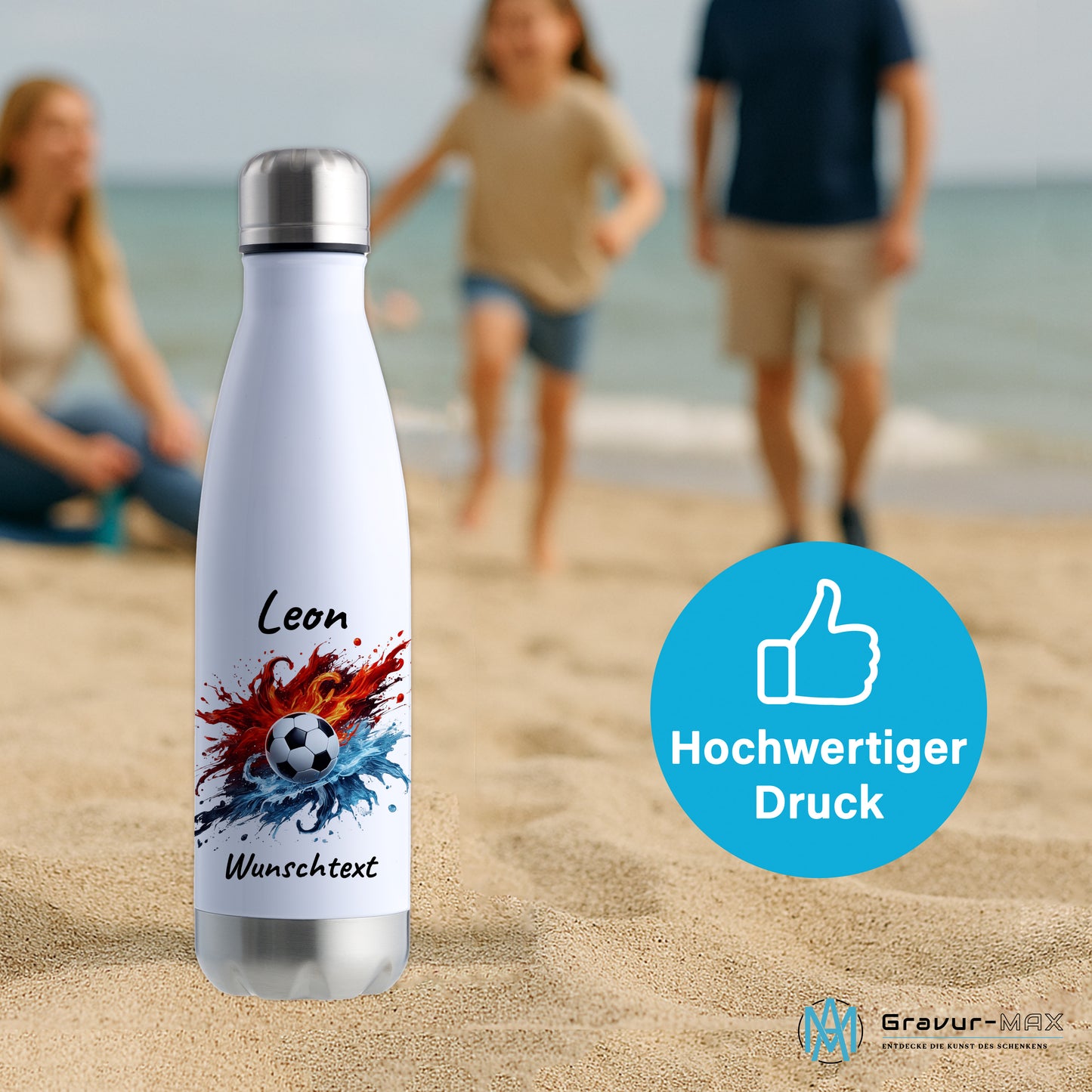 Thermoflasche 500ml in Weiß/Silber aus Edelstahl bedruckt "Fußball" Motiv12 personalisierbar mit Wunschname & Text