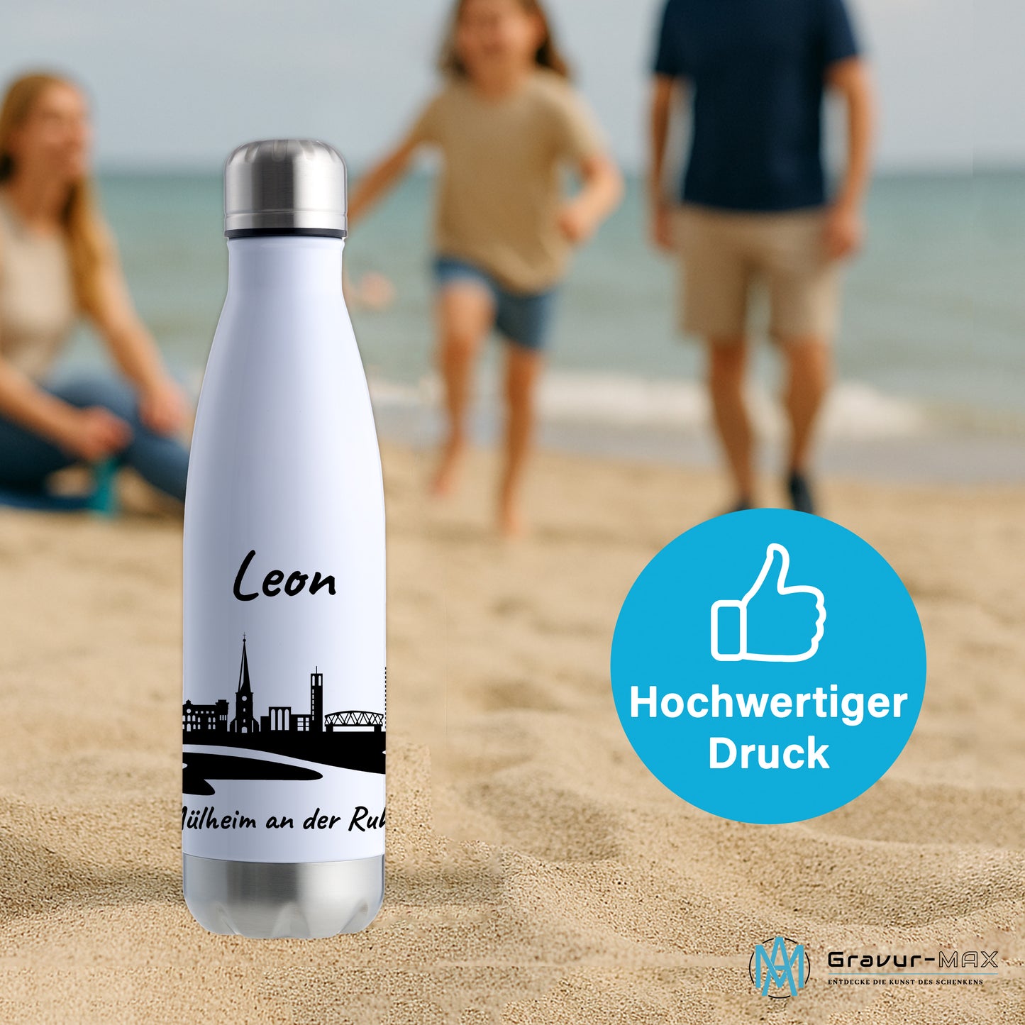 Trinkflasche in Weiß/Silber 500ml aus Edelstahl bedruckt mit der Skyline von Mülheim an der Ruhr personalisierbar mit Wunschname