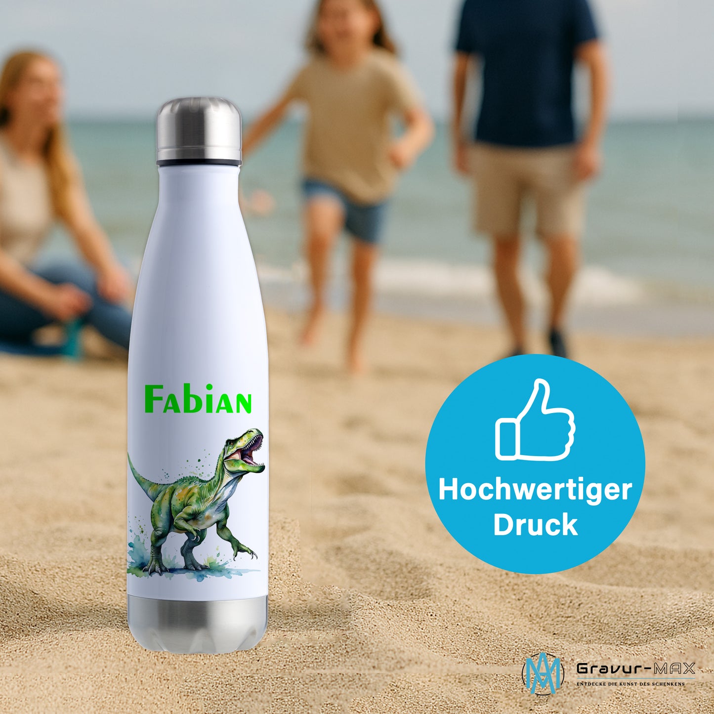 Thermoflasche 500ml in Weiß/Silber bedruckt mit tollen Motiven für Kinder "Dino T-Rex" personalisierbar mit Wunschname
