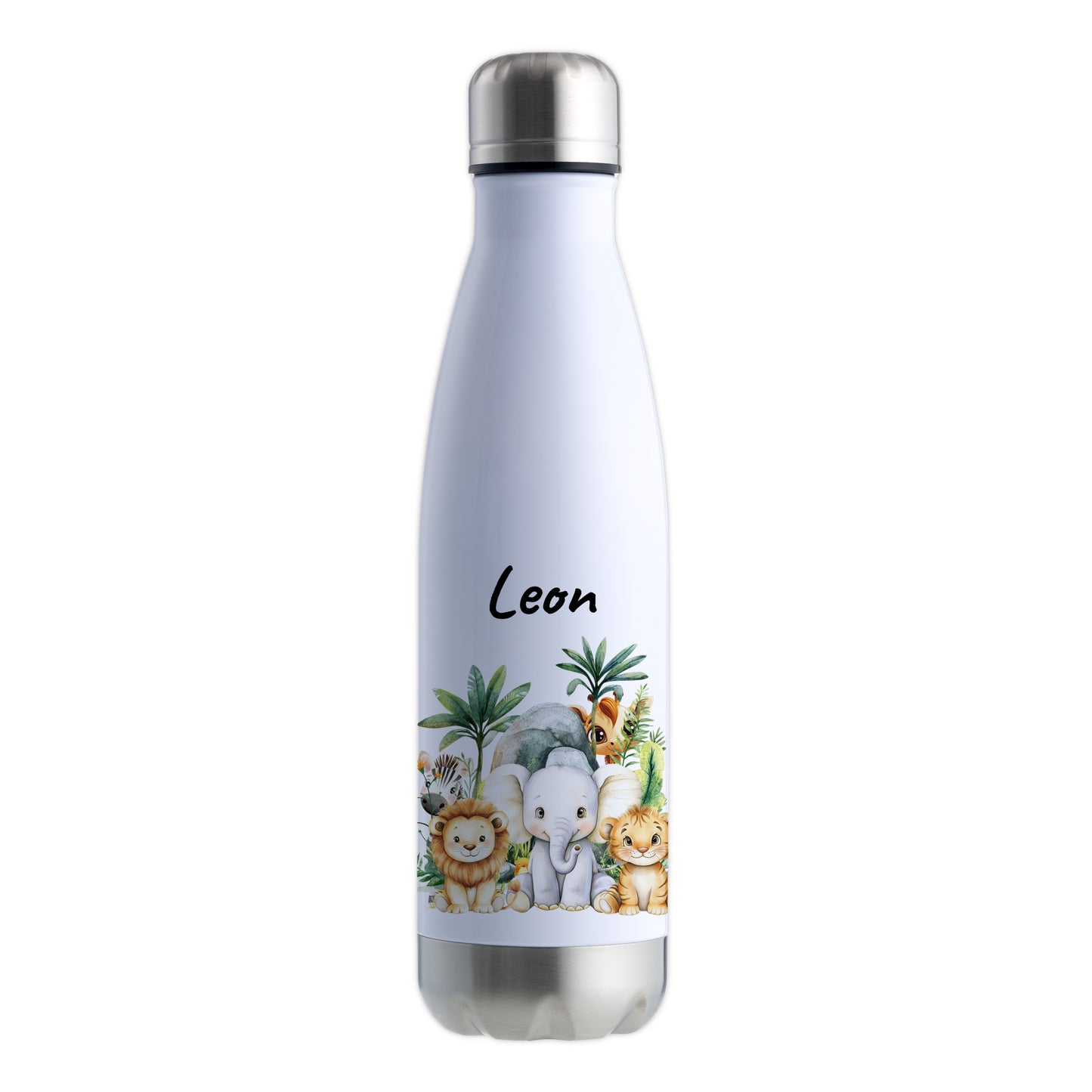 Trinkflasche in Weiß/Silber 500ml aus Edelstahl bedruckt mit Dschungel Tieren"Dschungel Tiere" personalisierbar für Kinder mit Wunschname
