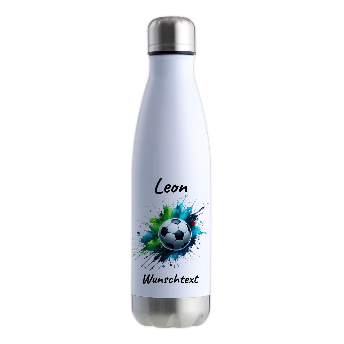Thermoflasche 500ml in Weiß/Silber aus Edelstahl bedruckt "Fußball" Motiv8 personalisierbar mit Wunschname & Text