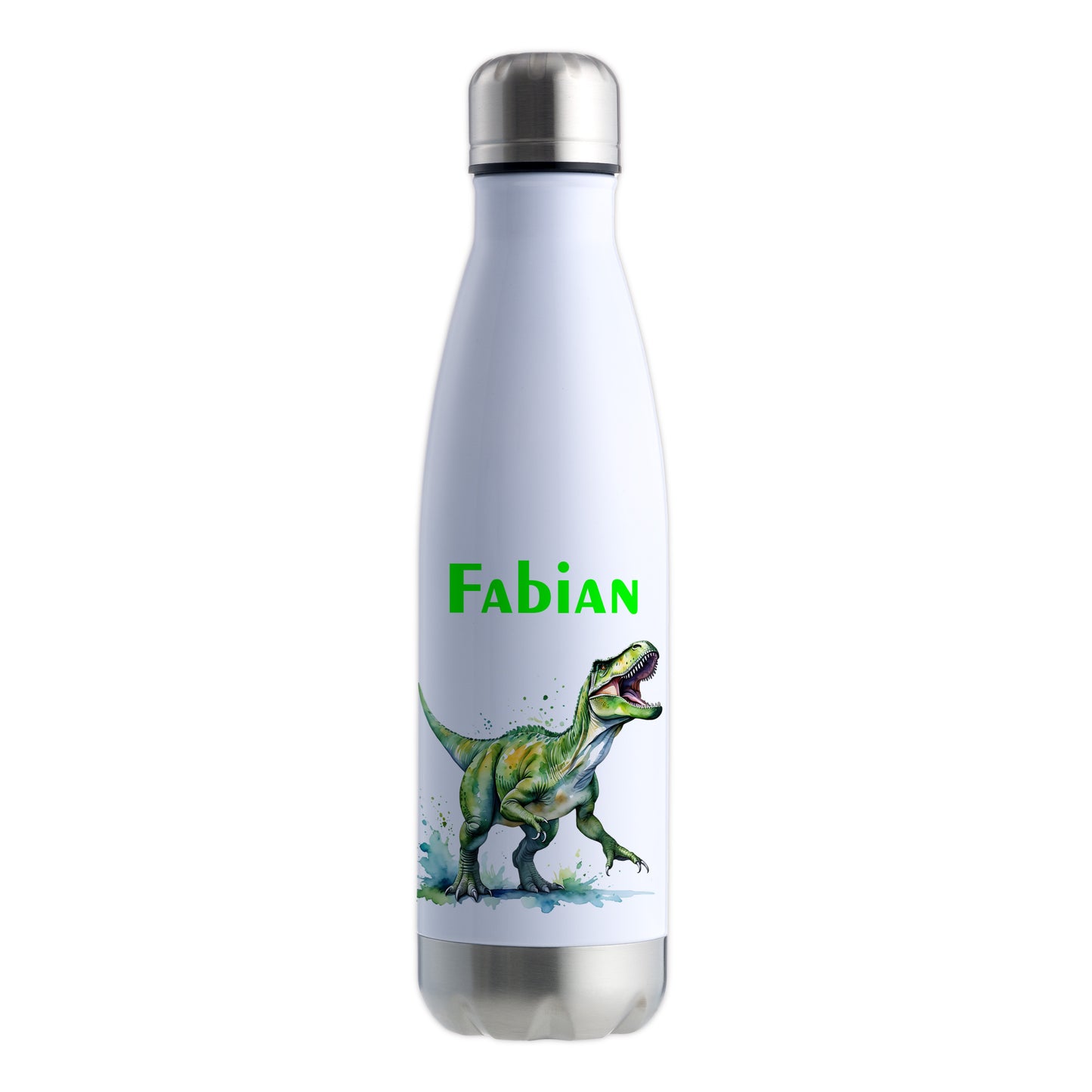 Thermoflasche 500ml in Weiß/Silber bedruckt mit tollen Motiven für Kinder "Dino T-Rex" personalisierbar mit Wunschname