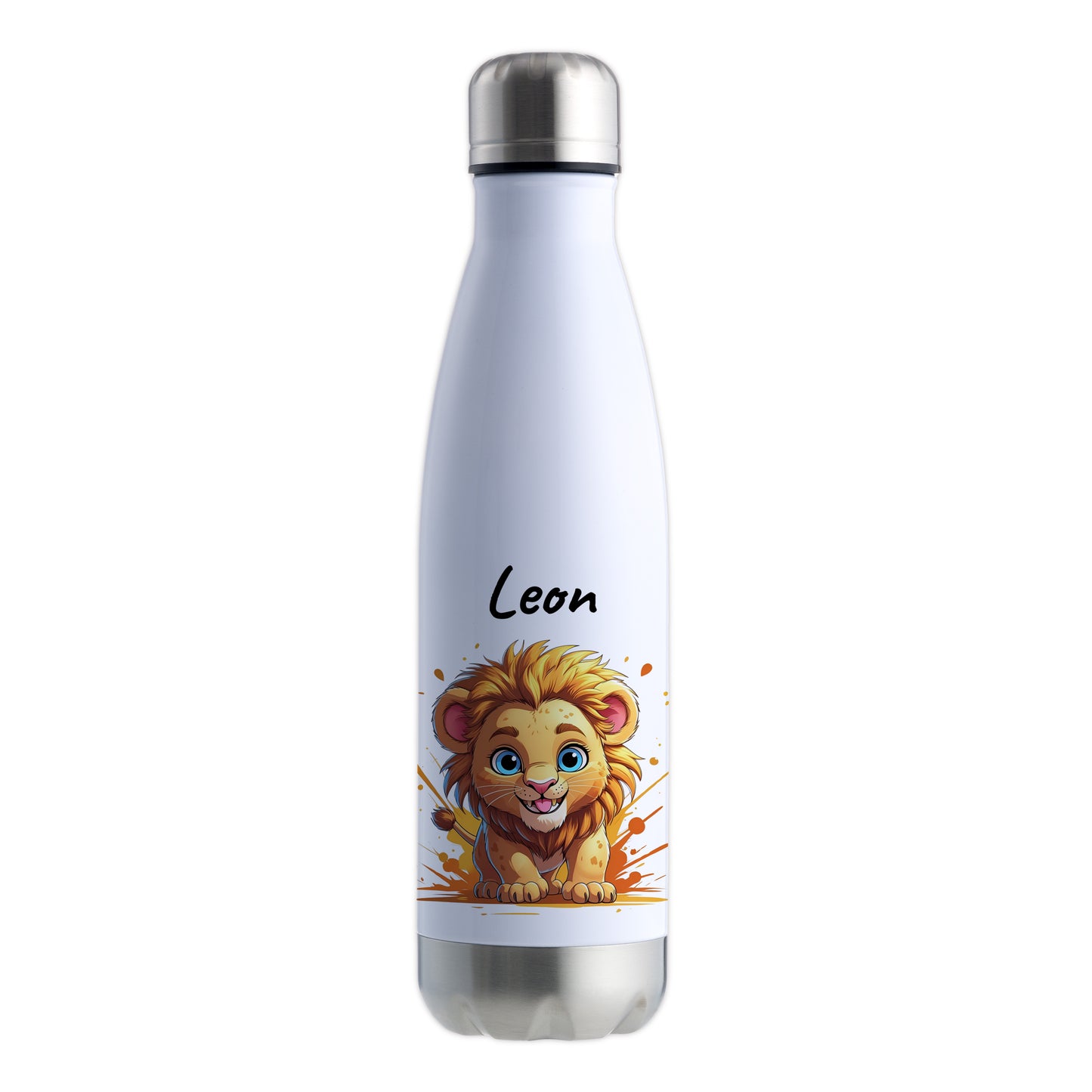 Trinkflasche in Weiß/Silber 500ml aus Edelstahl bedruckt mit niedlichen Tieren "Löwe" personalisierbar für Kinder mit Wunschname