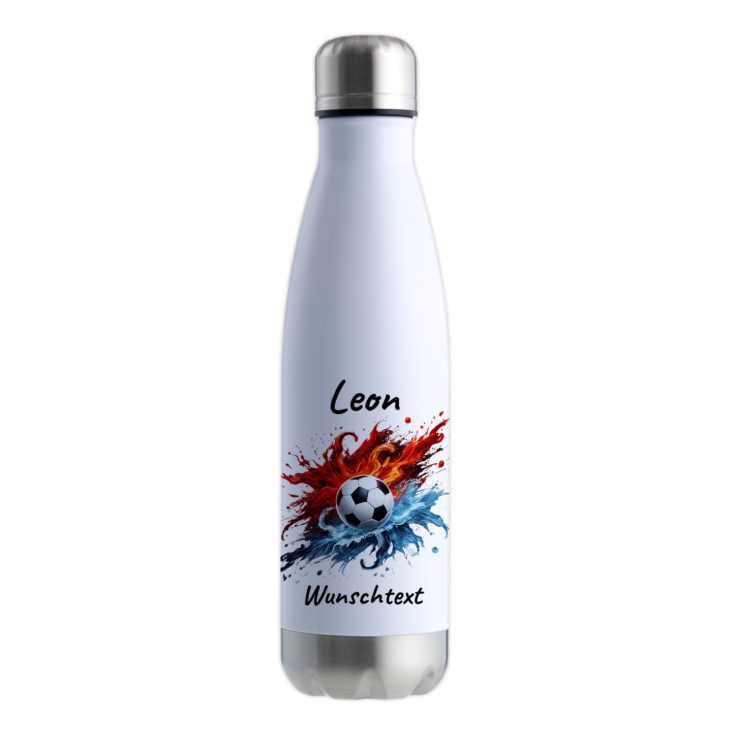 Thermoflasche 500ml in Weiß/Silber aus Edelstahl bedruckt "Fußball" Motiv12 personalisierbar mit Wunschname & Text